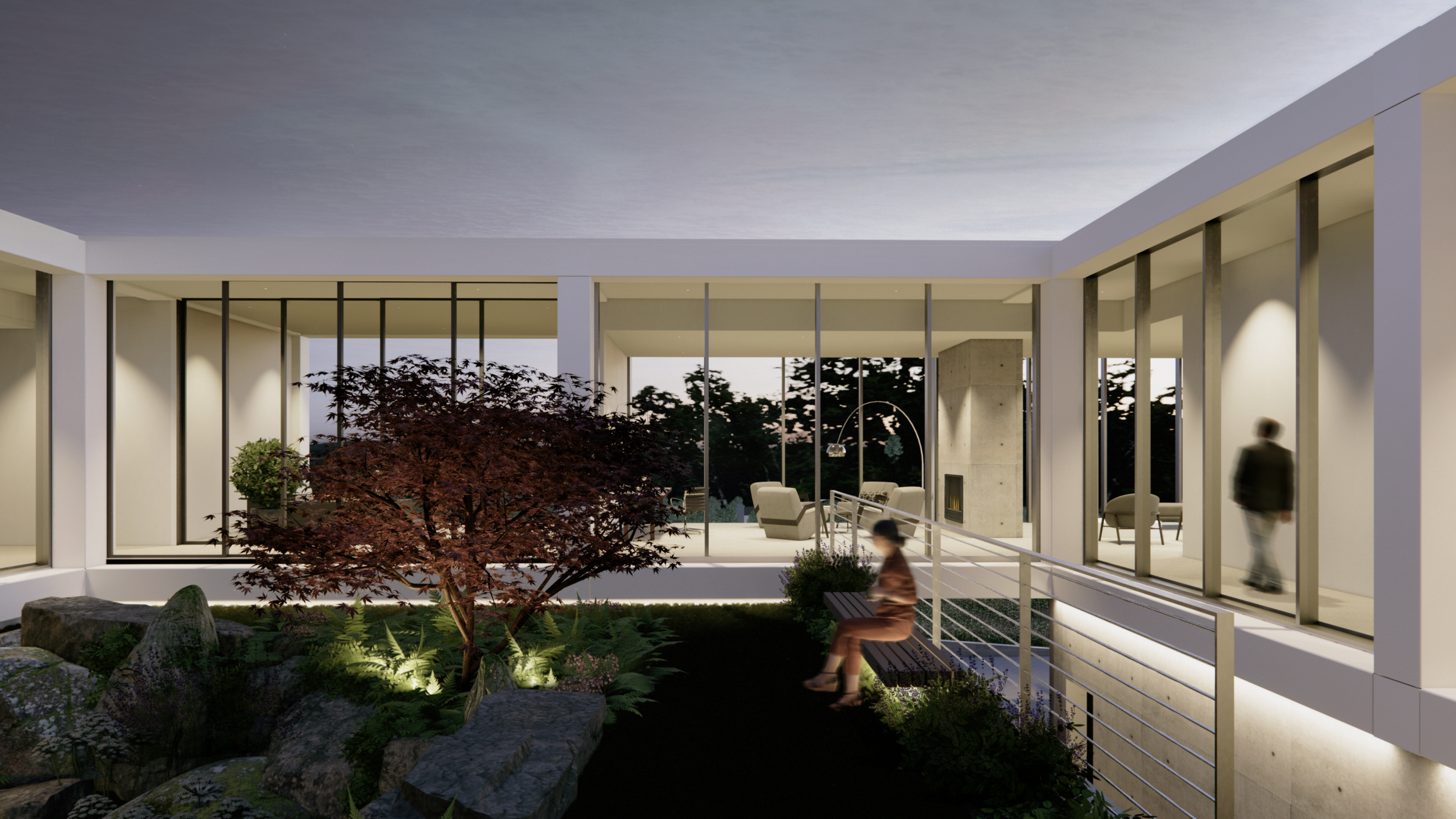Modern luxury residence at McTavish property in Abbotsford BC designed by X Architecture. Stunning evening view of glass-walled home with serene garden courtyard, Japanese maple, and biophilic design.