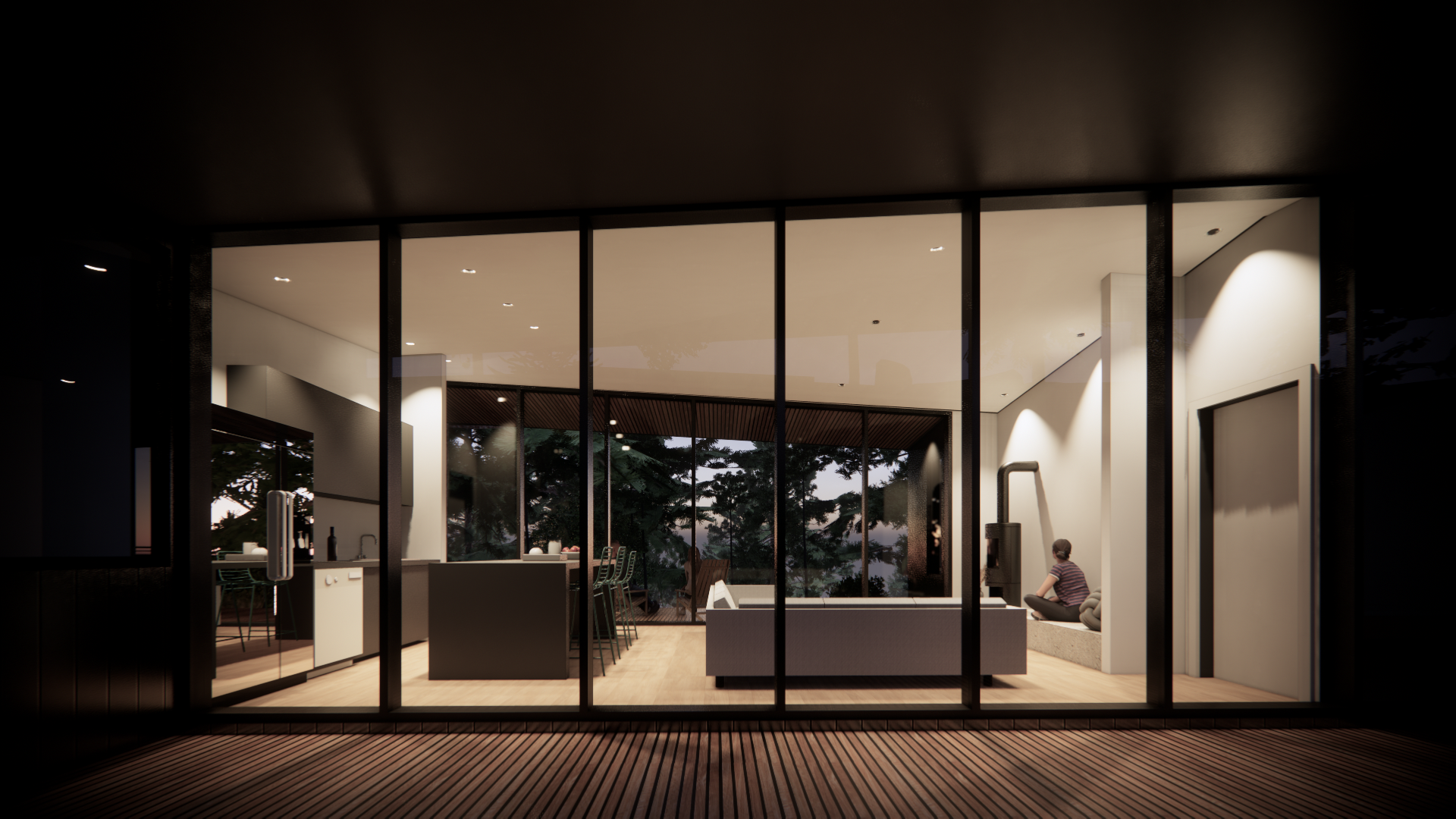 Modern living room with floor-to-ceiling windows, a sitting person near a fireplace, and a view of trees outside.