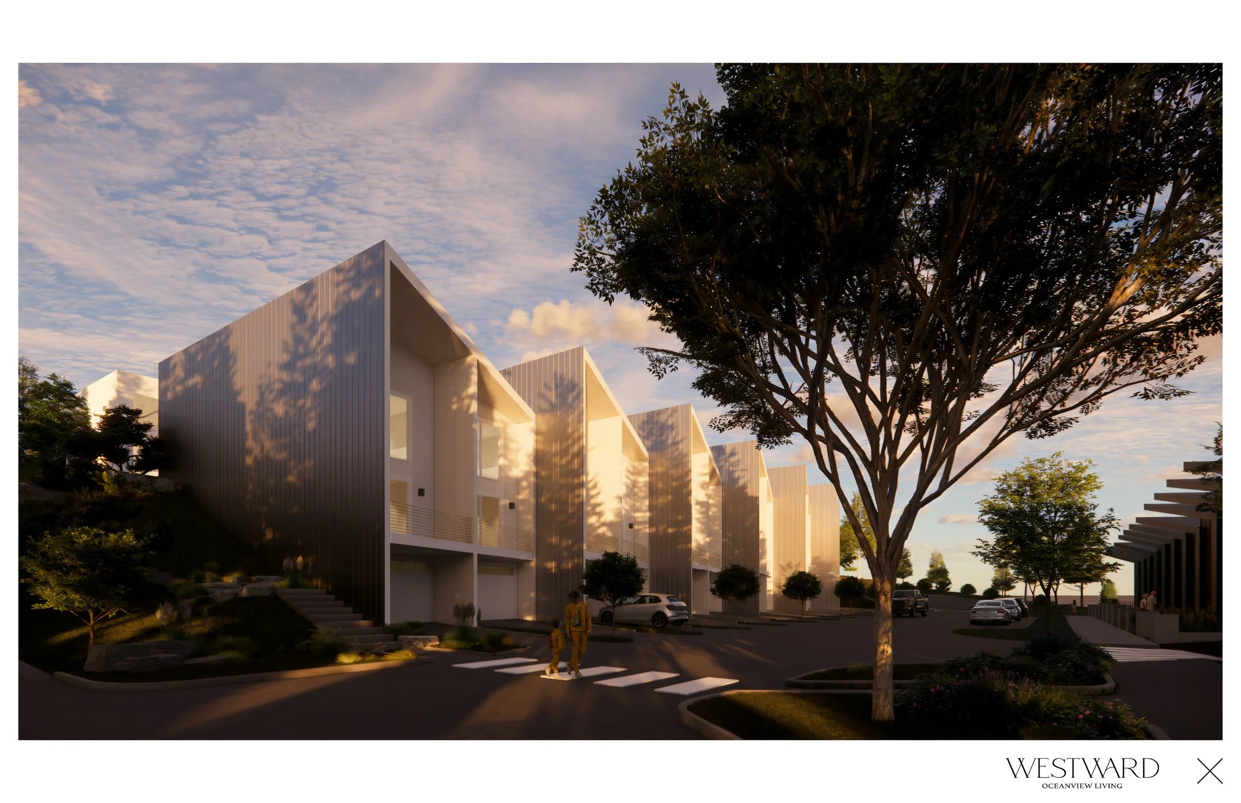 Westward Sechelt contemporary architecture at dusk featuring dark metal accents, illuminated townhomes, and pedestrian-friendly streets in this oceanview master planned community on the Sunshine Coast.