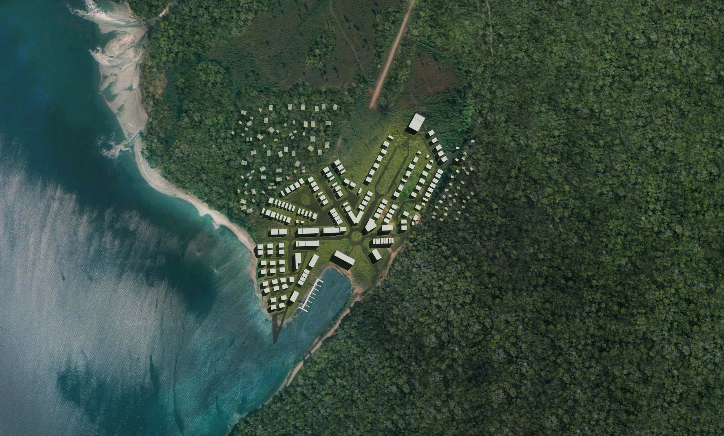 Aerial view of a coastal resort with numerous white buildings, a marina, and surrounding green forest, located beside the ocean with small beaches and waterfalls.