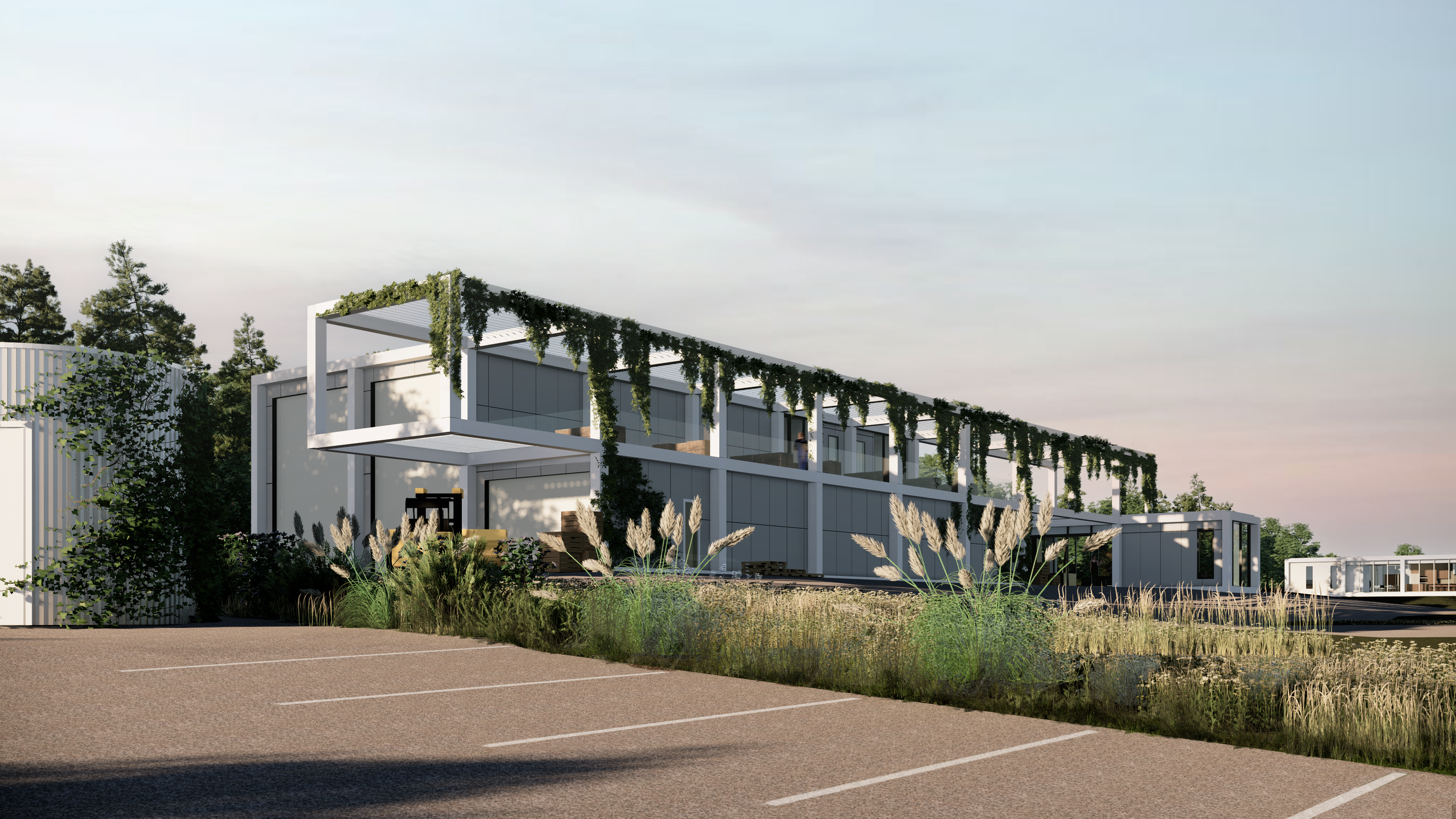 Modern sustainable McTavish Barn in Abbotsford BC designed by X Architecture. Striking white agricultural building with lush living green roof, climbing vines and biophilic design.