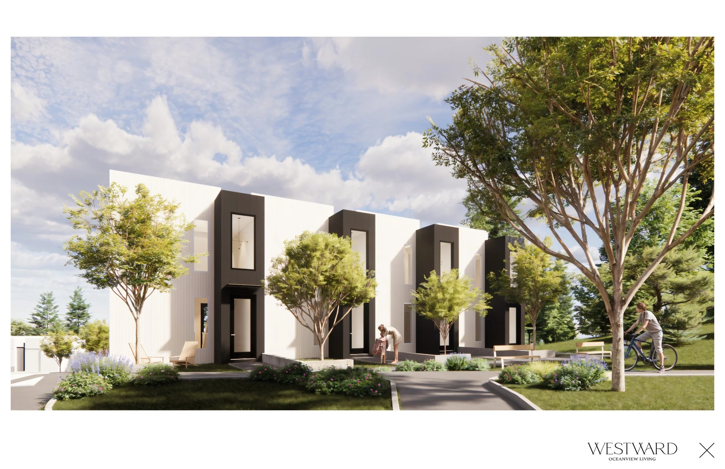 Contemporary townhomes at Westward Sechelt featuring dark and white architectural accents, private yards, and family-friendly community spaces on the Sunshine Coast BC.