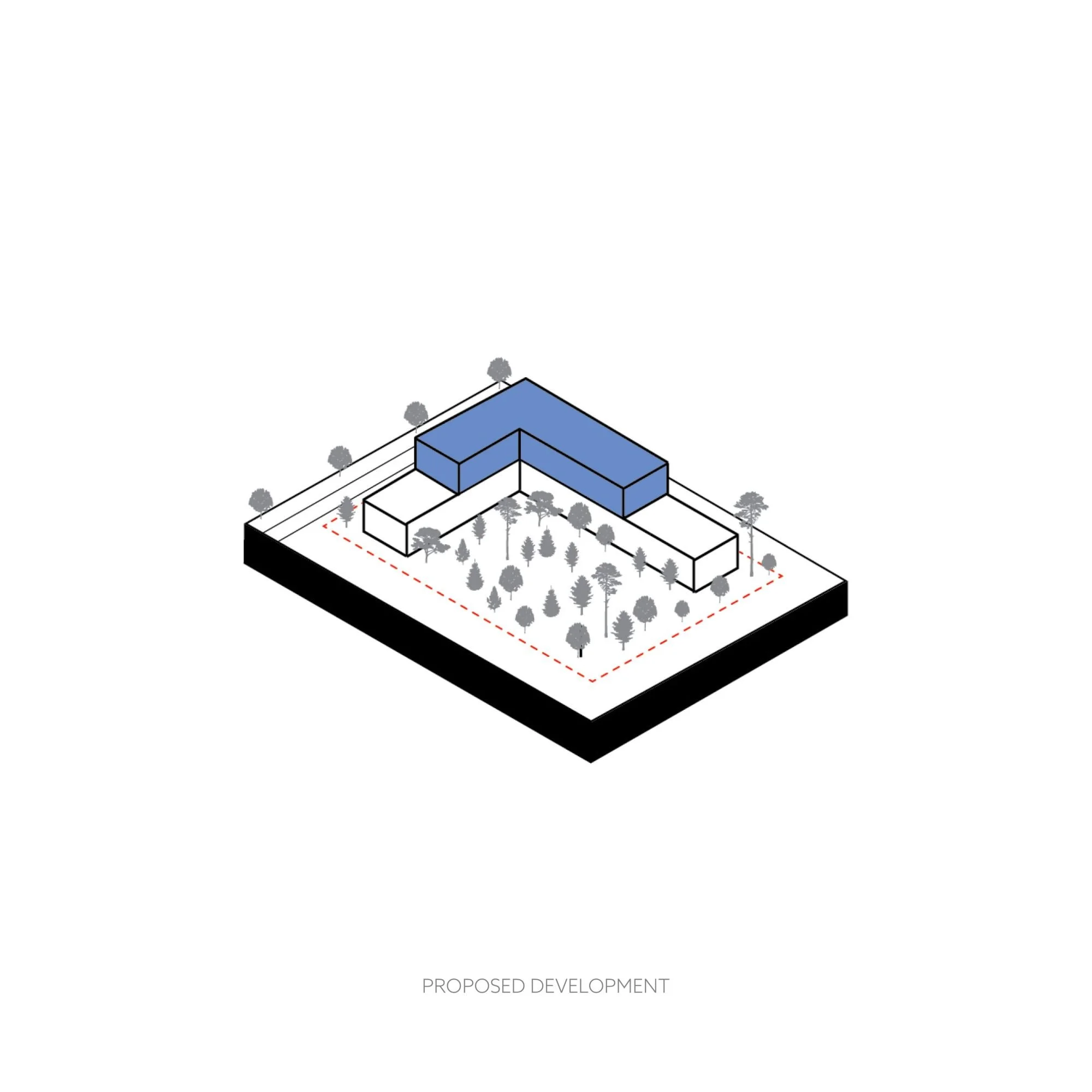 Architectural diagram of a proposed development with a L-shaped building in blue on a landscaped site with trees, shown from an isometric view.