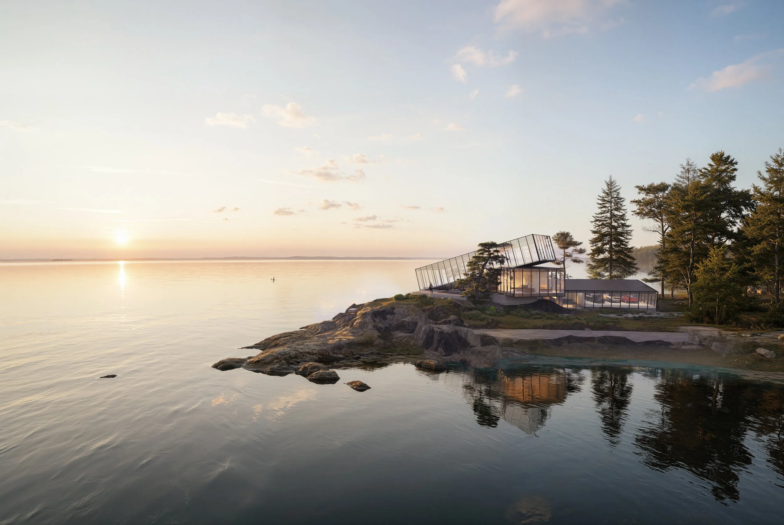 A striking glass concept home is positioned along a rugged Sechelt waterfront, with expansive ocean views, rocky shoreline, and mature coastal trees. The rendering highlights a refined West Coast modern design that feels open, sculptural, and deeply 