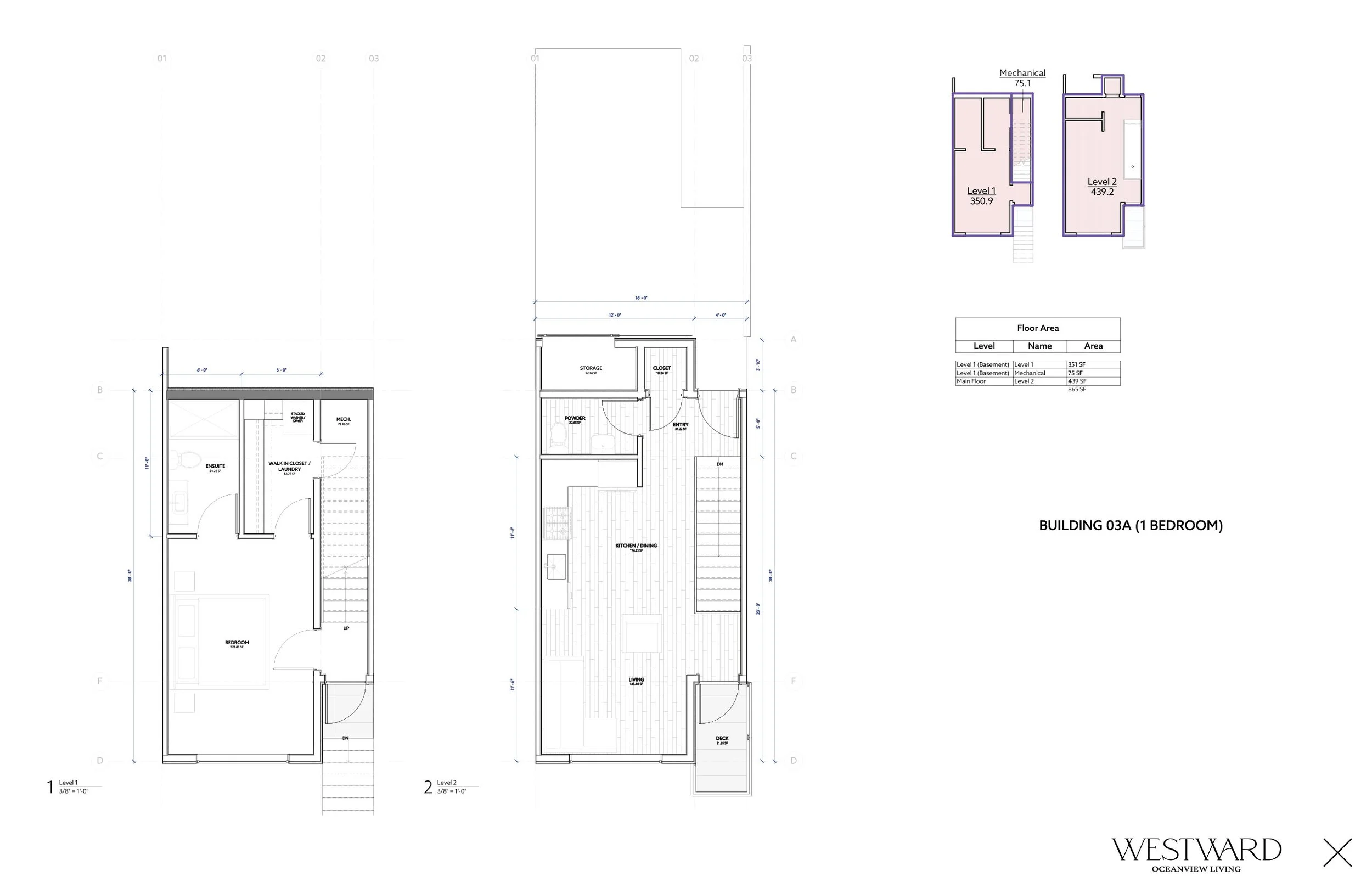 Westward Sechelt Building 03A 1-Bedroom floor plans - Modern 1 bedroom townhome layouts with 865 sq ft main floor on the Sunshine Coast British Columbia.