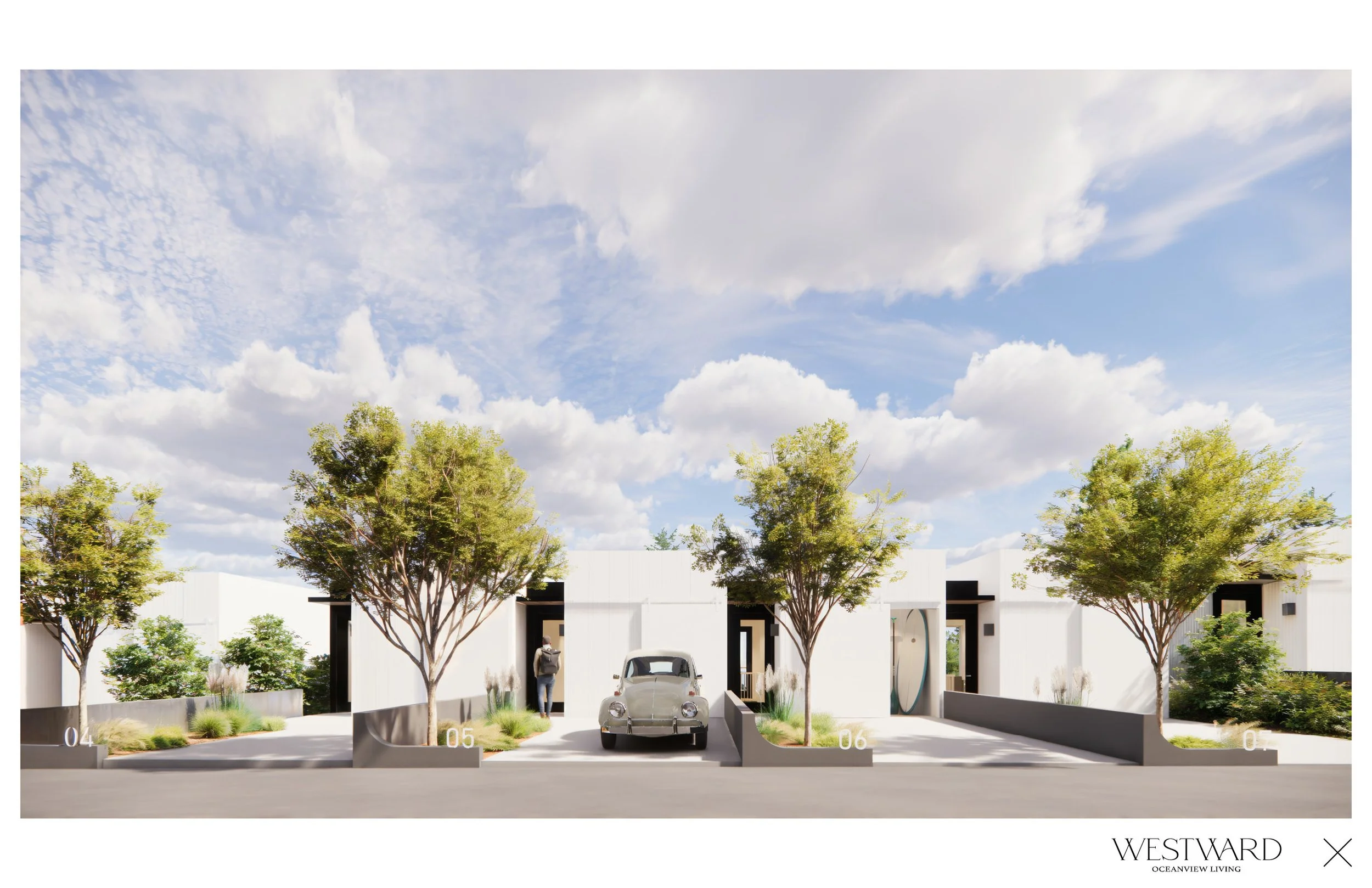 Modern white townhomes at Westward master planned community in Sechelt BC - Contemporary architecture with lush landscaping and tree-lined street on the Sunshine Coast.