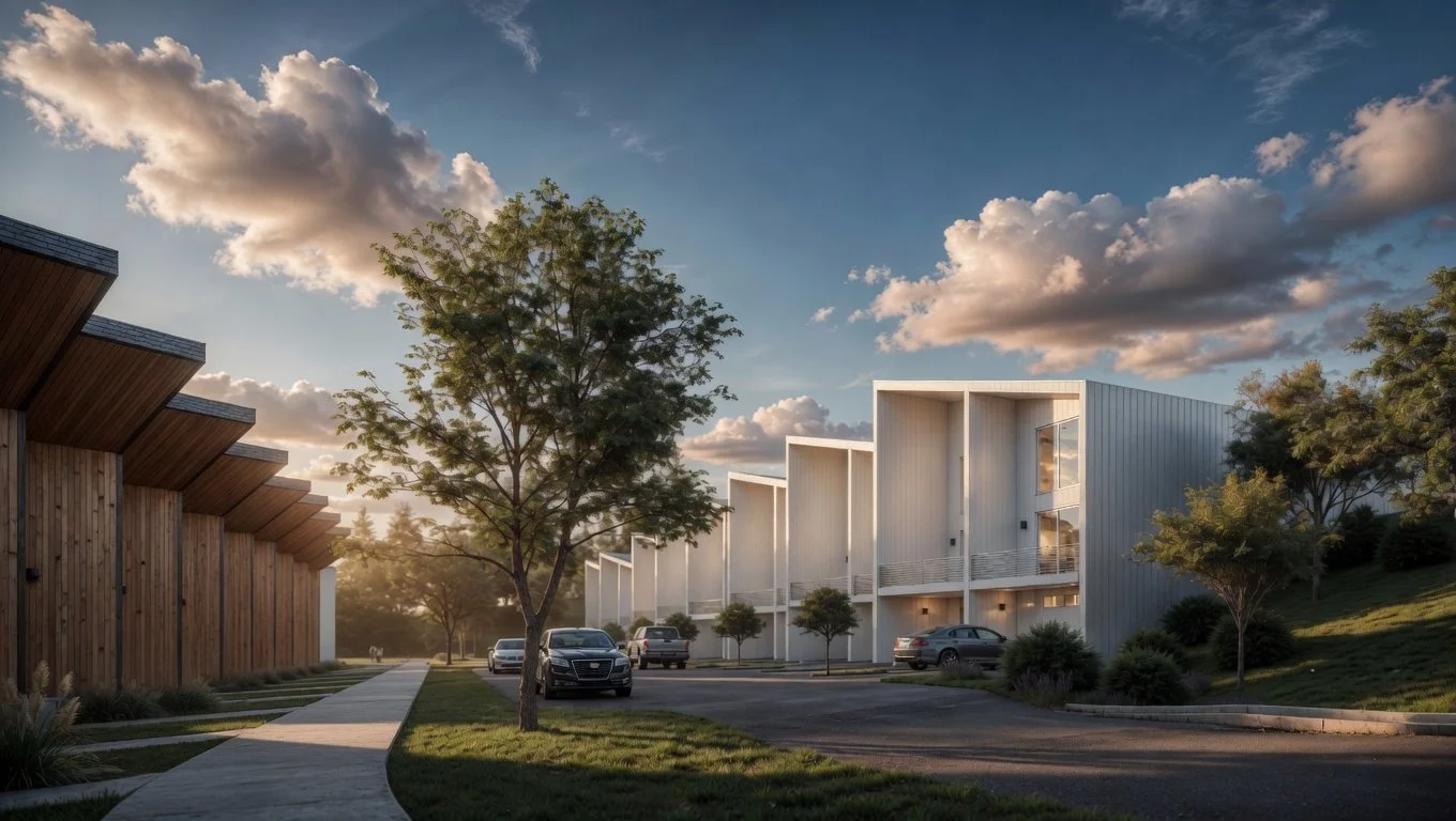 Modern architectural rendering of a contemporary residential community featuring sleek white panelled townhomes with wooden accents, landscaped green spaces, mature trees, and parked vehicles under a dramatic golden hour sky.