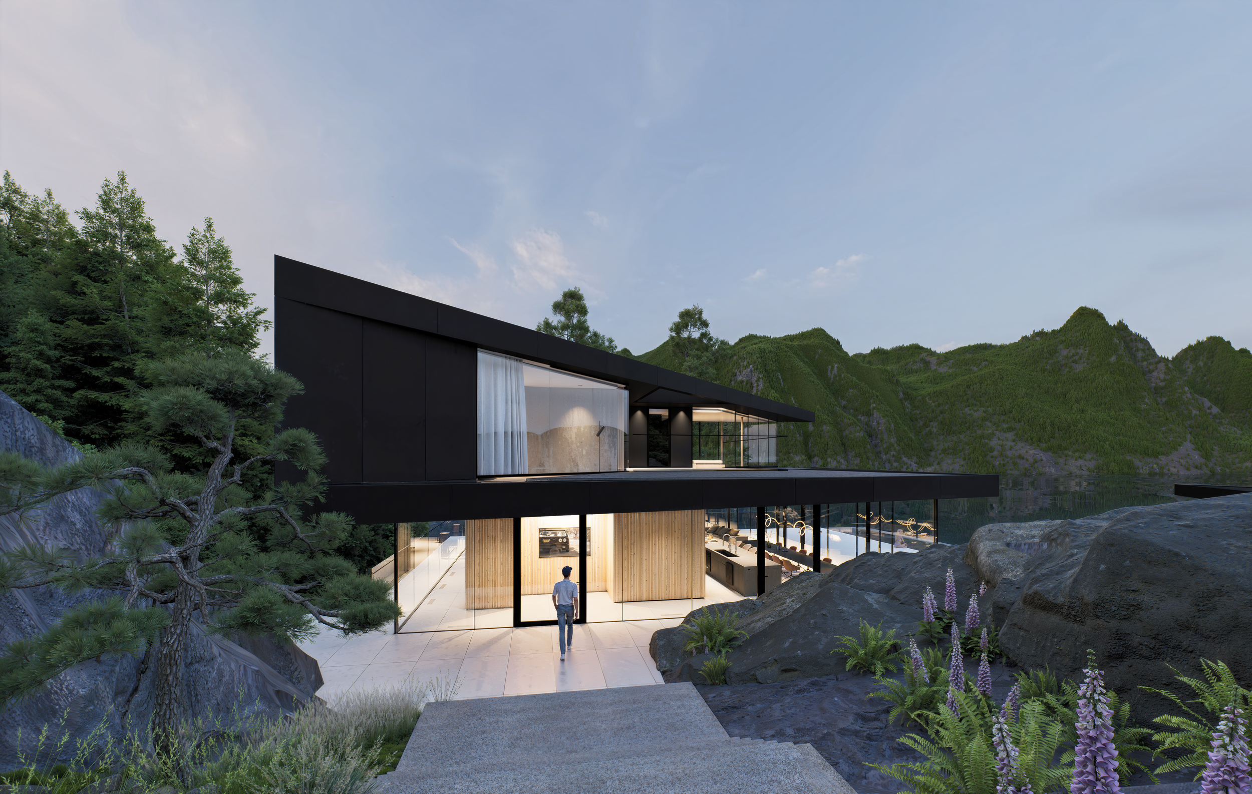 North Vancouver luxury modern home by X Architecture. Striking contemporary black and wood residence seamlessly integrated into rocky terrain with dramatic mountain views.