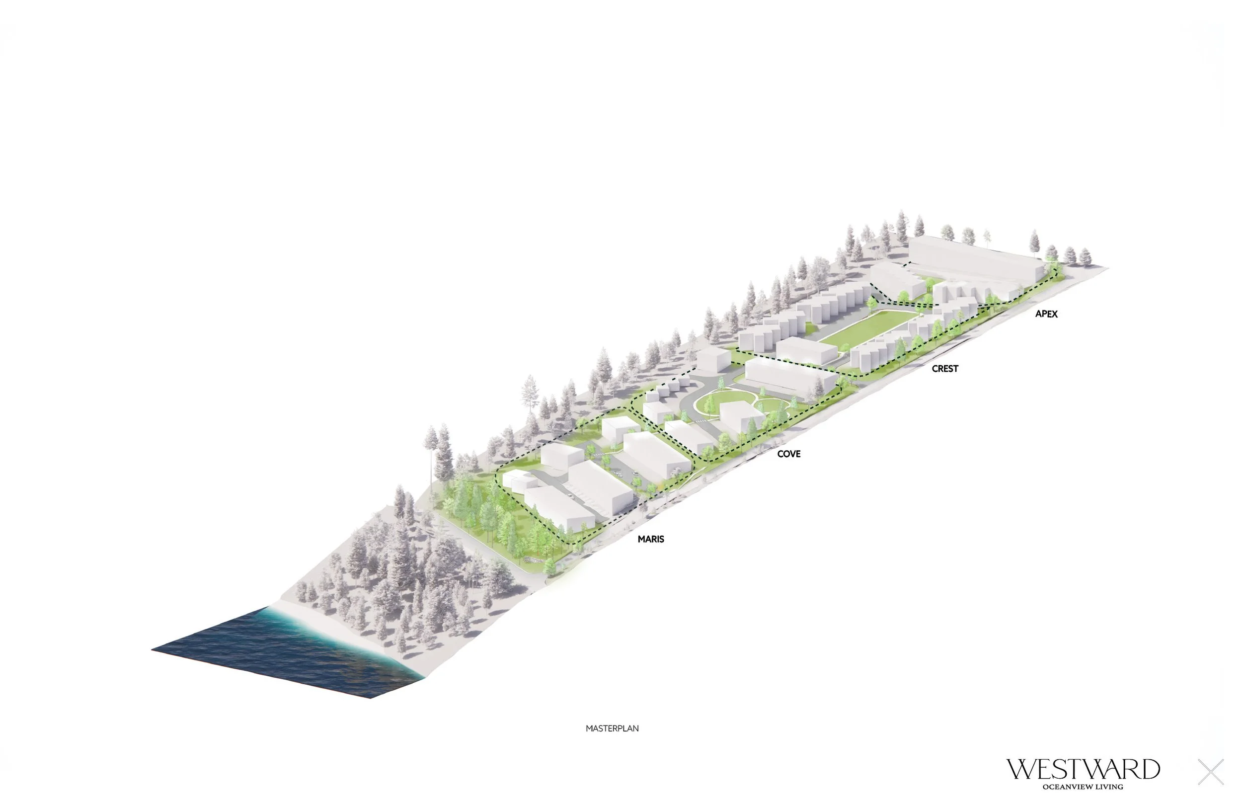 Westward Master Planned Community in Sechelt BC - Aerial masterplan view showing Maris, Cove, Crest and Apex neighborhoods with oceanfront location on the Sunshine Coast.