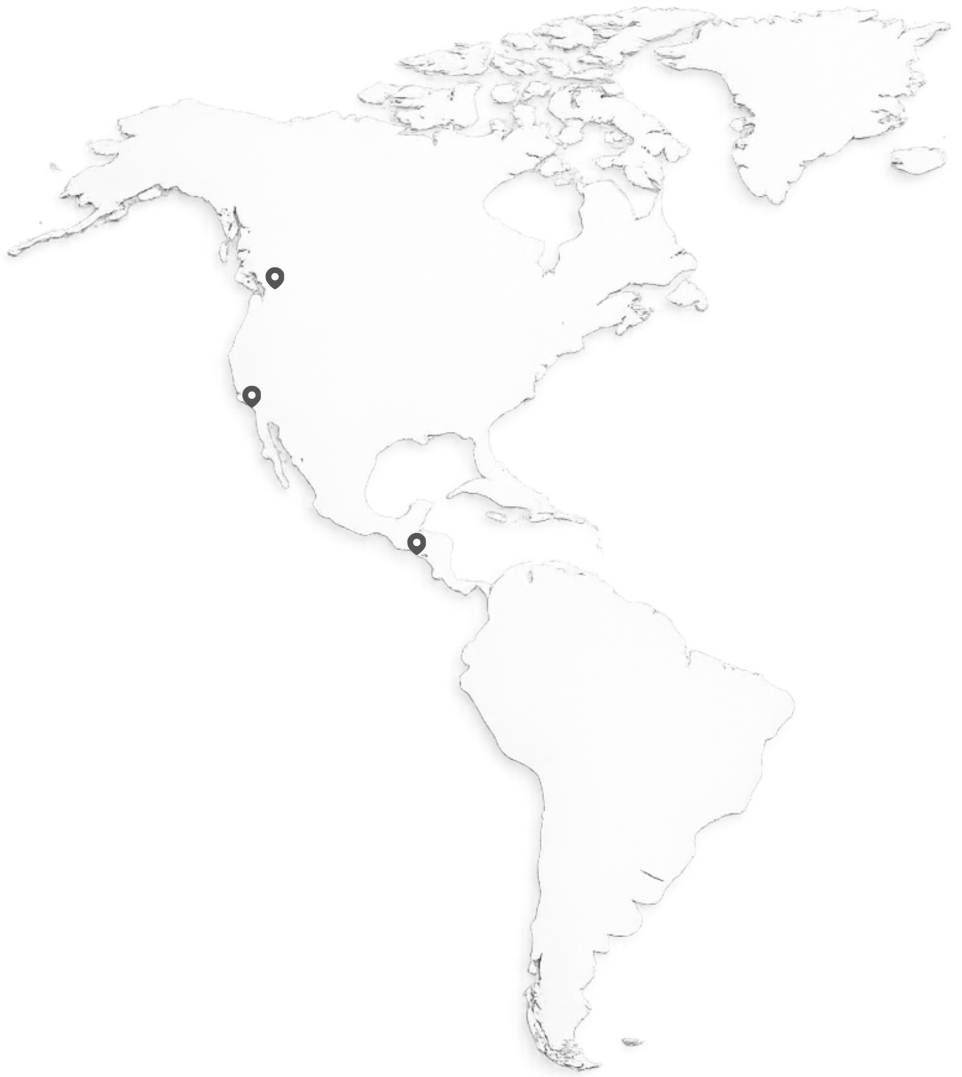 X Architecture project locations map across North America. Pins highlight luxury homes, wellness retreats, commercial buildings, and agricultural projects from British Columbia to Mexico