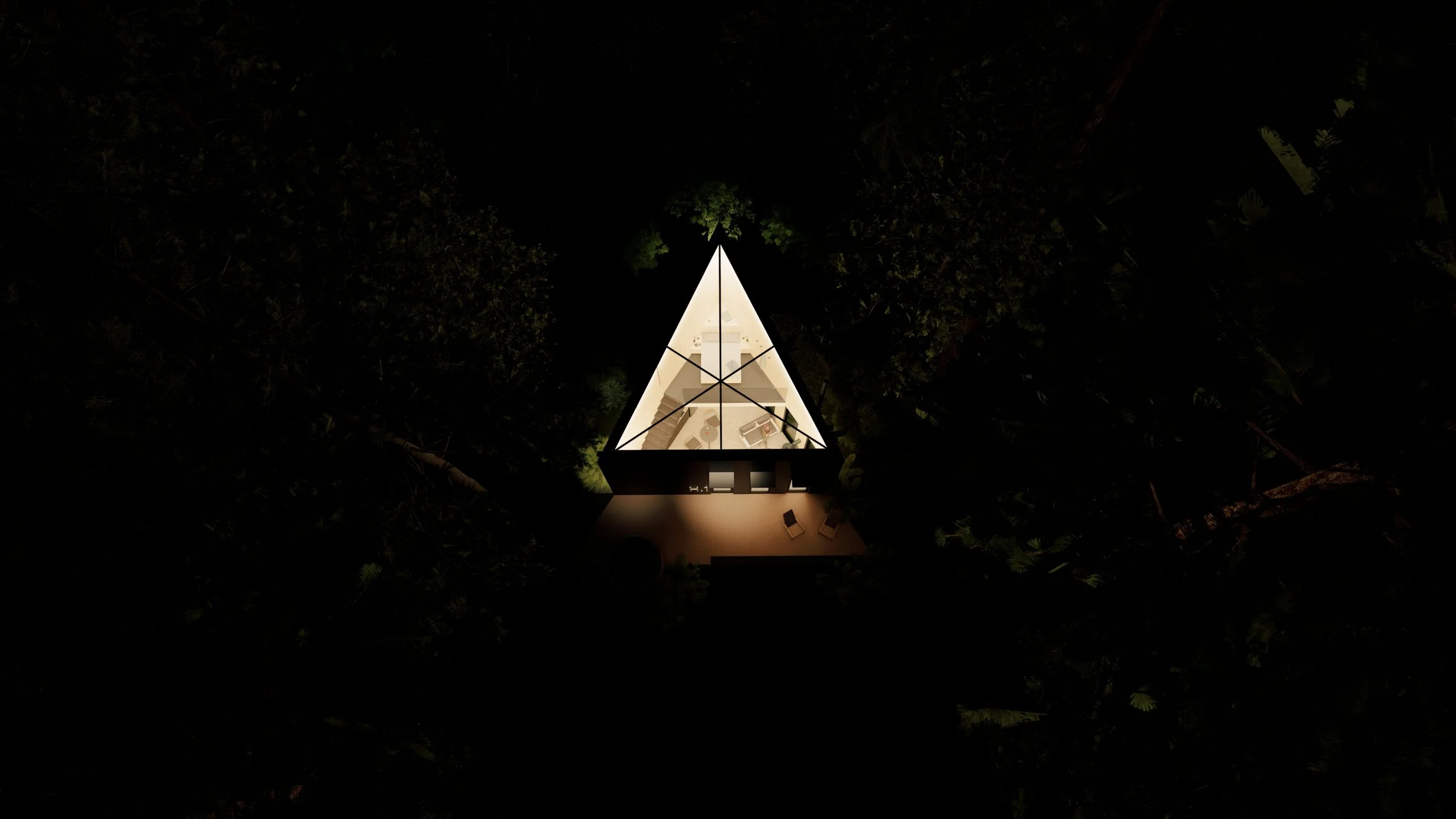 Aerial nighttime view of an A-frame cabin with illuminated interior, surrounded by dark forest.