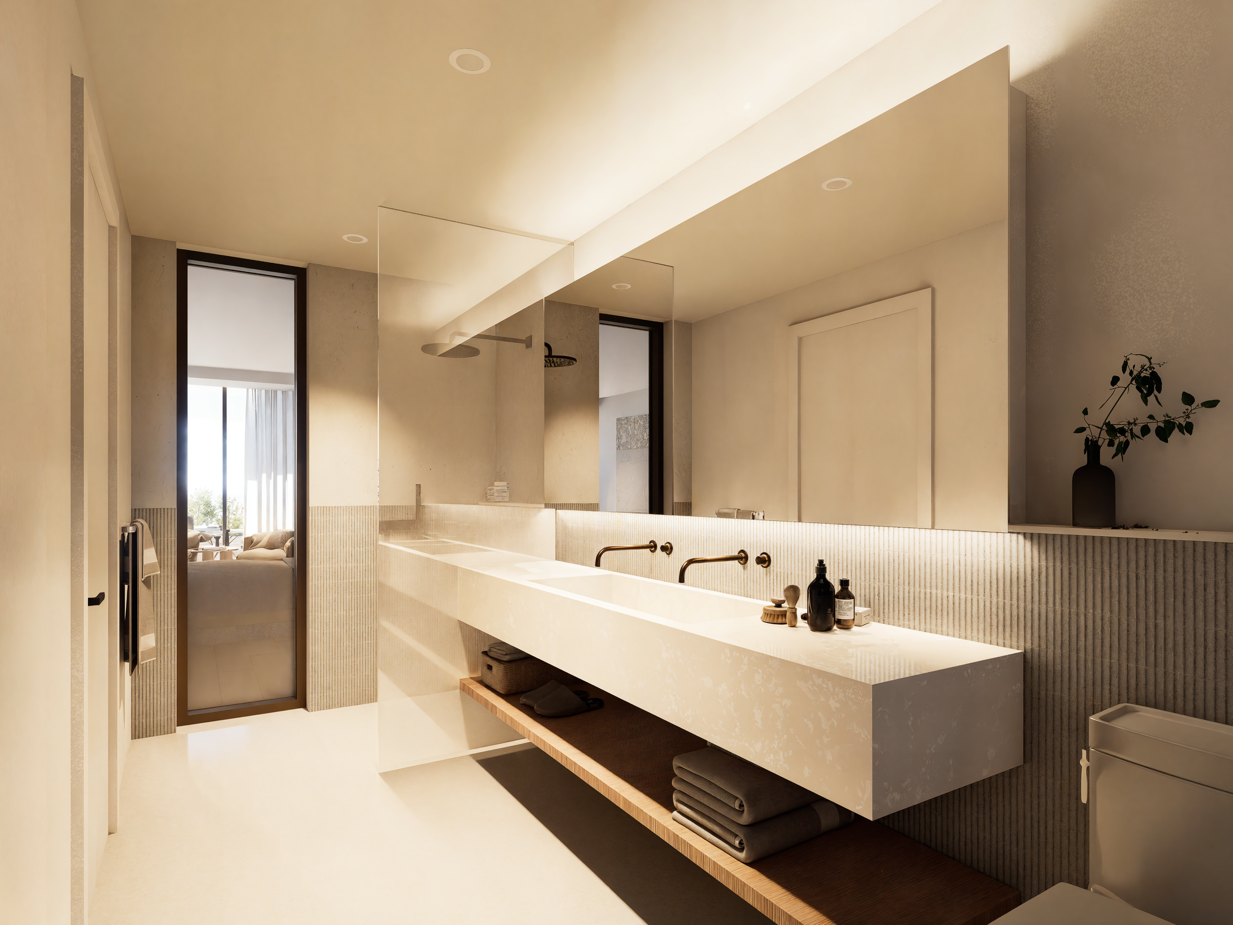 Luxury guest bathroom in Wellness Centre Retreat designed by X Architecture. Elegant double vanity with floating countertop, large mirrors, and serene spa-like modern design.