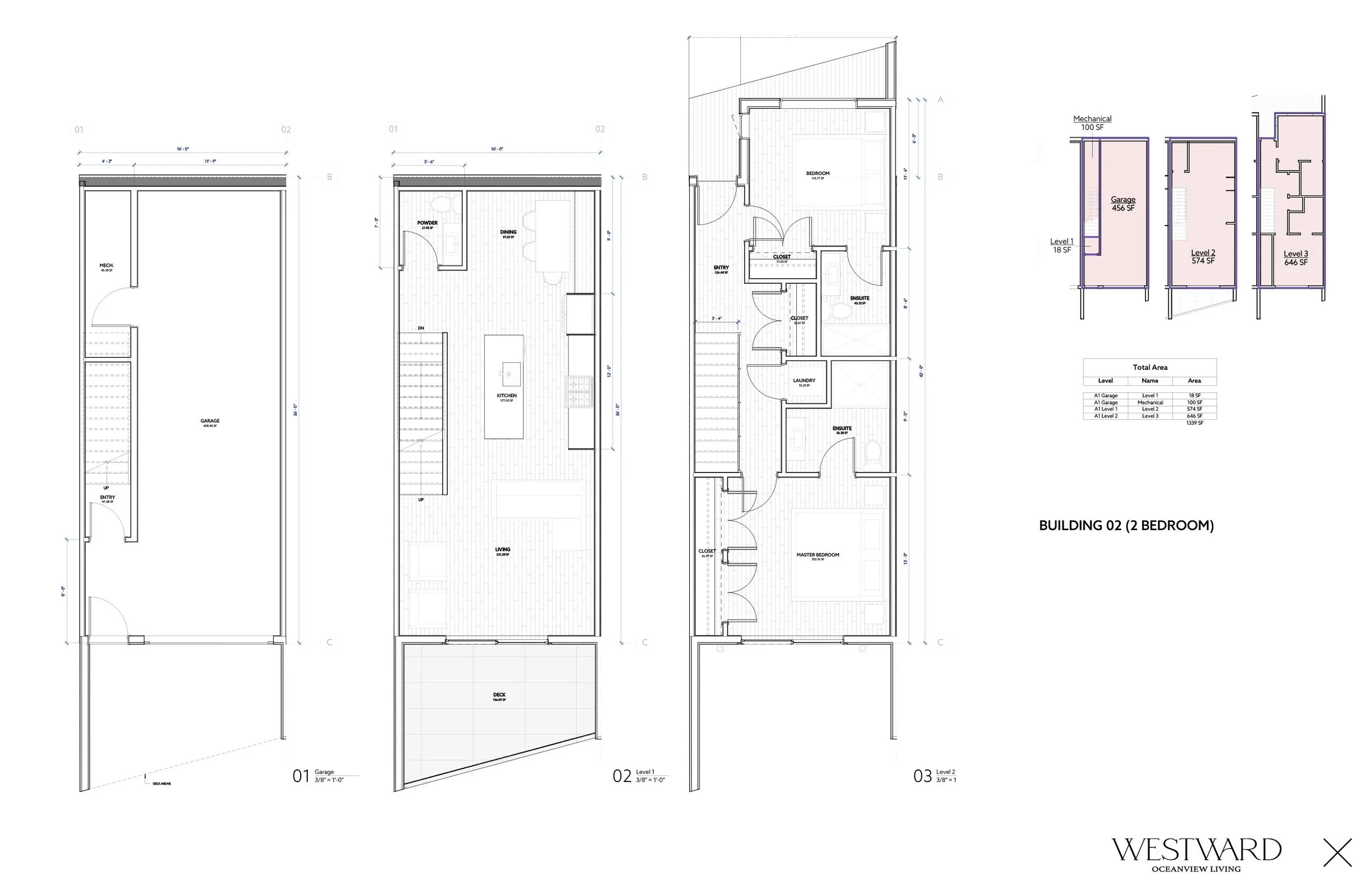 Westward Sechelt Building 02 2-Bedroom floor plans - Contemporary 2 bedroom + garage townhome layouts with 1339 sq ft total living space in Sechelt BC.
