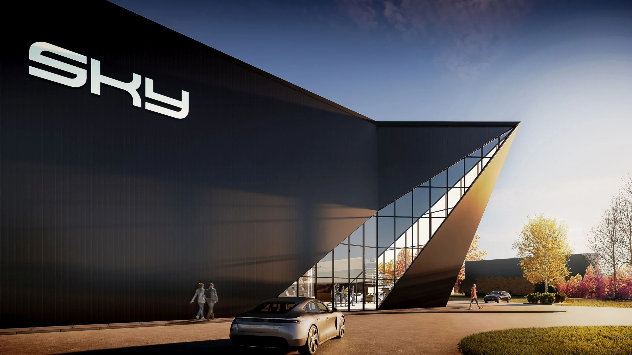 Daytime view of Sky Helicopters modern aviation hangar designed by X Architecture. Striking black angular facade with prominent SKY logo and dramatic glass entrance.