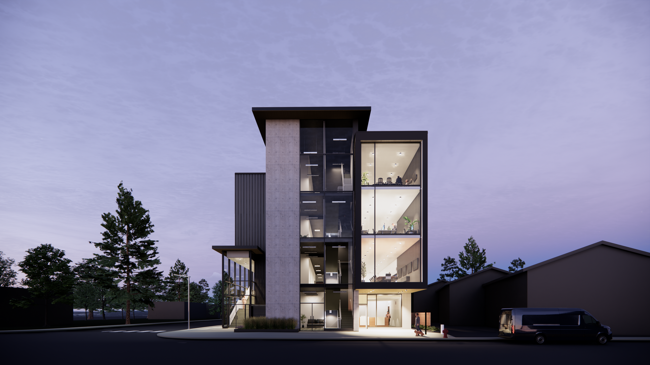 Modern multi-story commercial office building designed by X Architecture. Striking glass and concrete facade with dramatic dusk lighting and illuminated open-plan interiors.