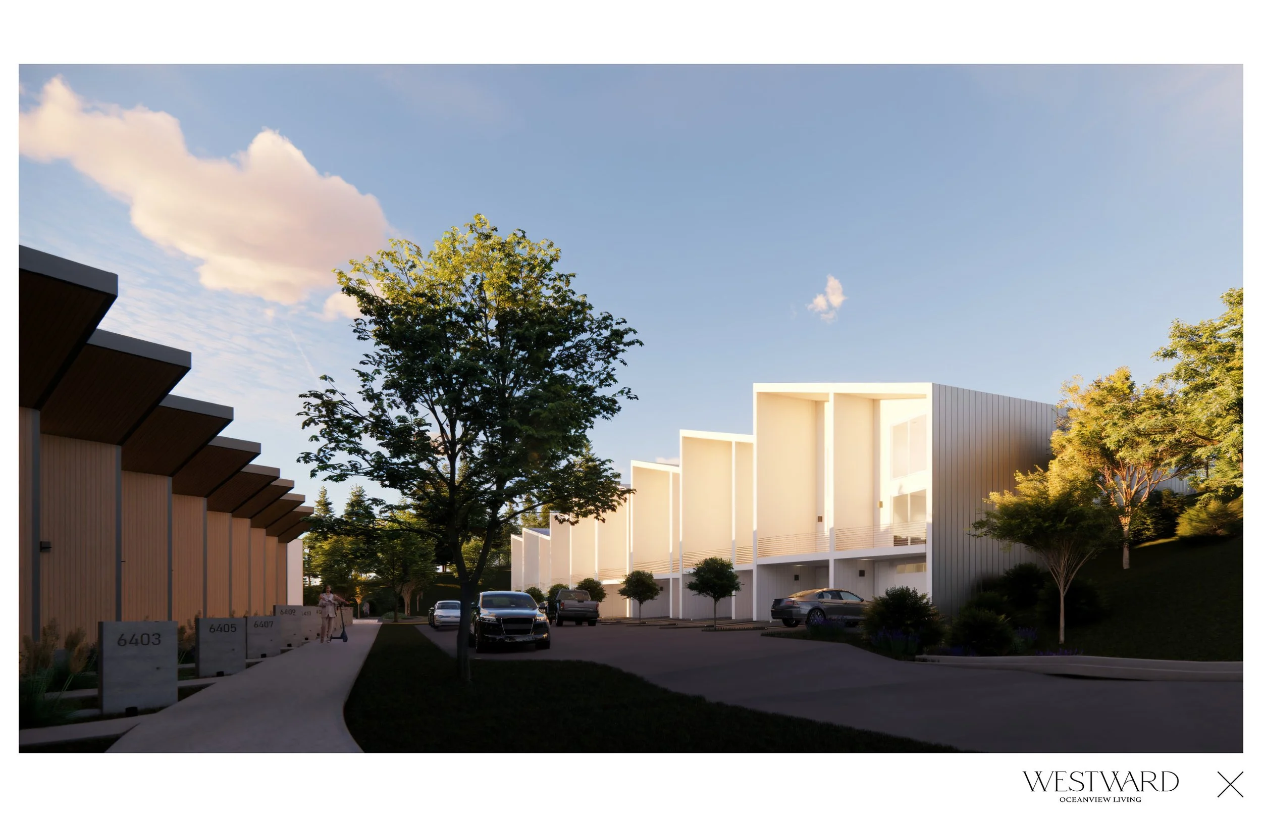 Golden hour rendering of Westward master planned community in Sechelt BC showing modern townhomes, tree-lined streets, and resident lifestyle on the Sunshine Coast.