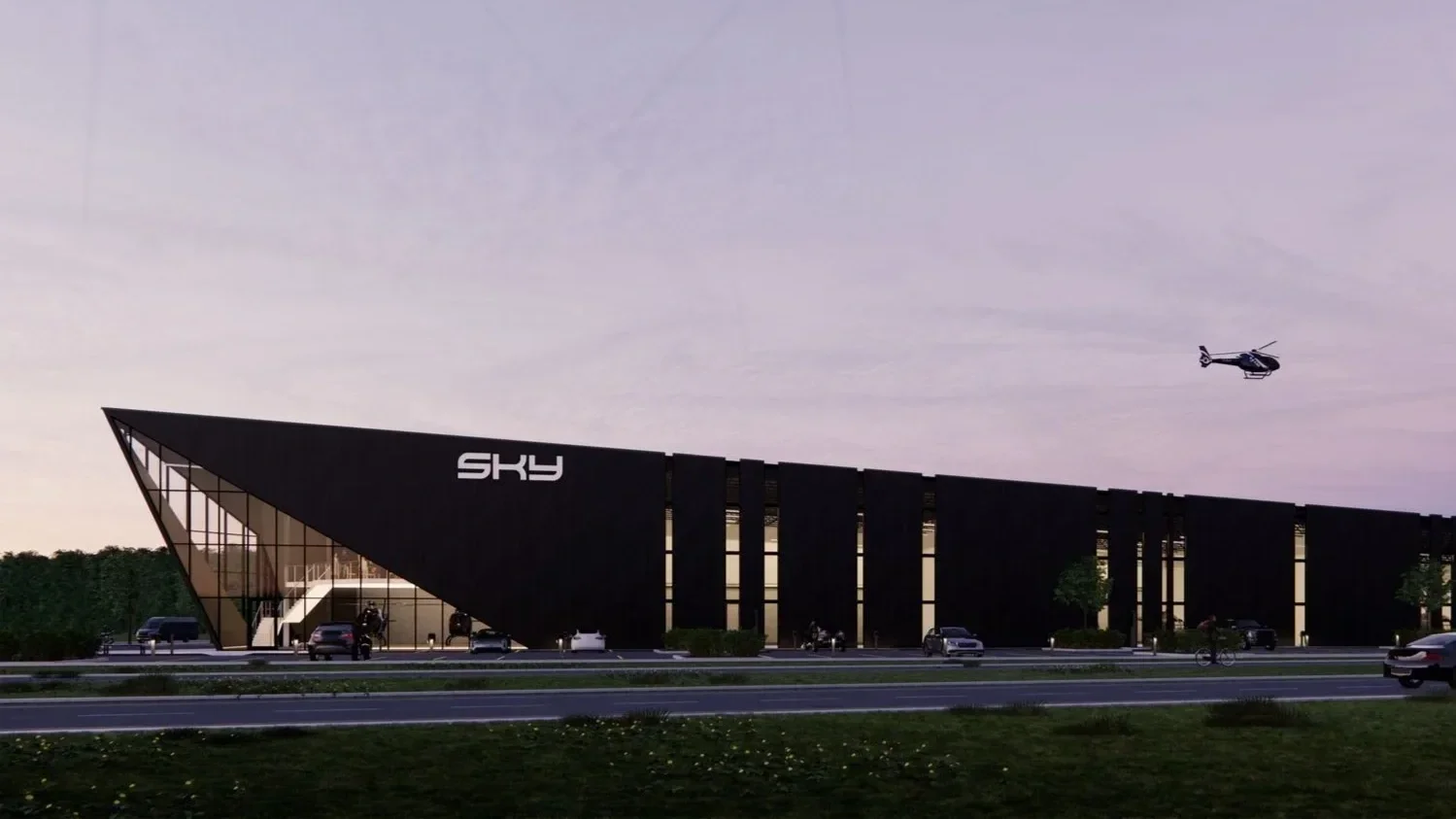 Sky Helicopters modern aviation hangar designed by X Architecture. Dramatic black angular building with expansive glass facade and helicopter in flight at dusk