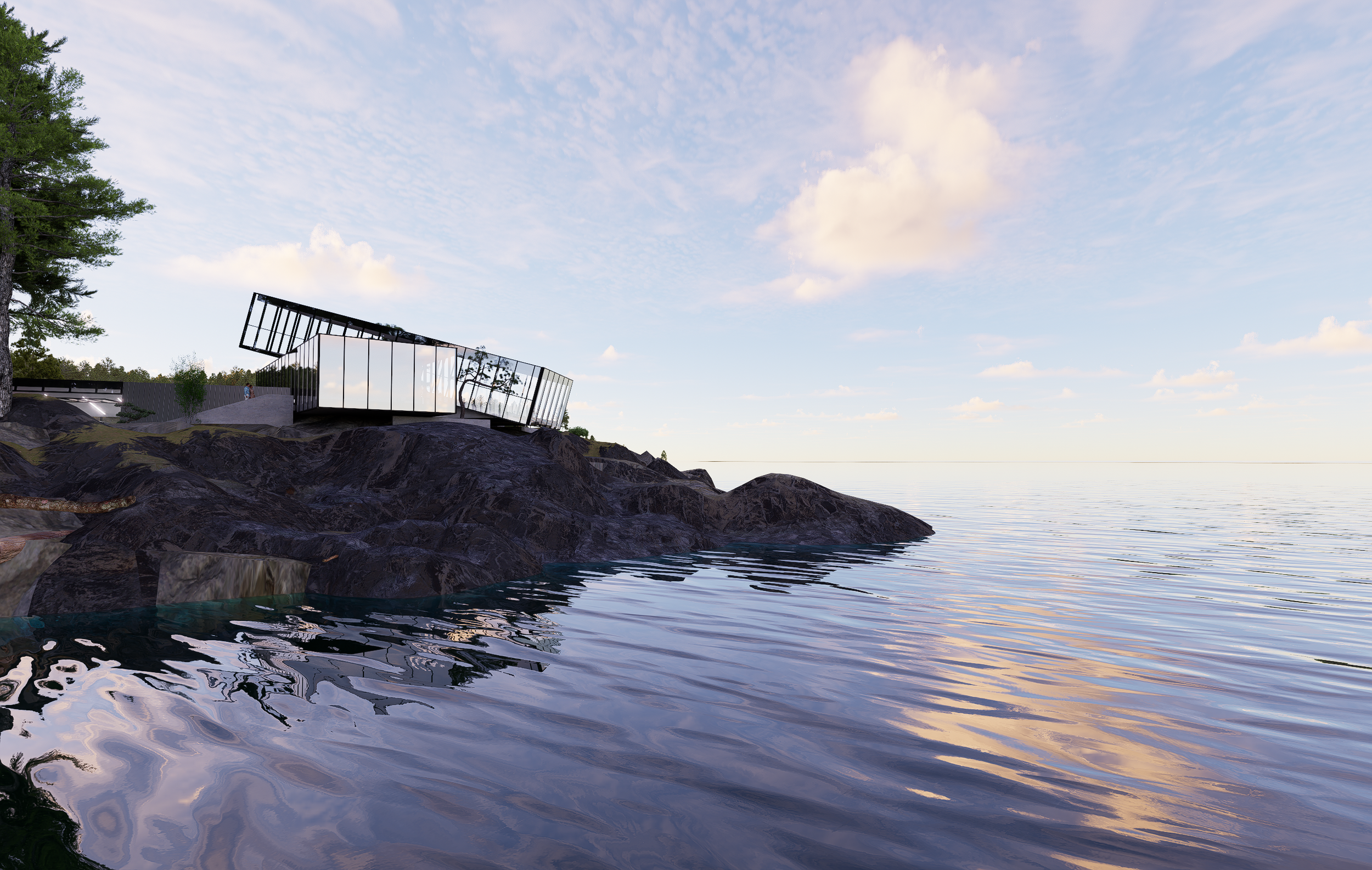 A coastal modern concept residence sits on a rocky waterfront site in Sechelt, BC, surrounded by tall trees, ocean views, and reflective water. The home features bold glass volumes, clean architectural lines, and a strong connection to the rugged Wes