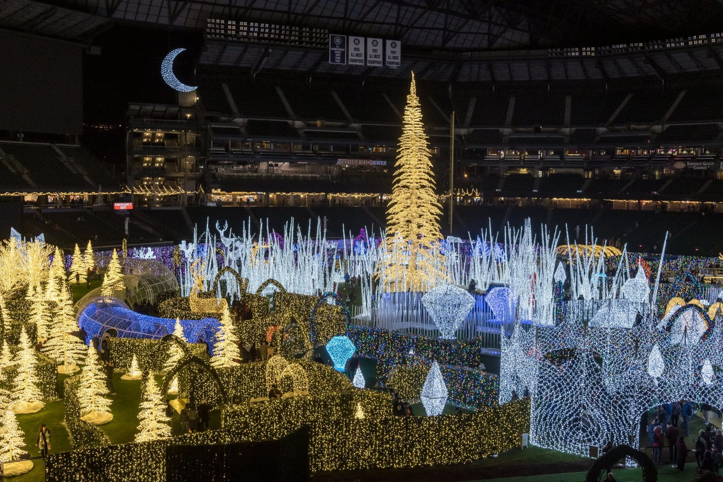 Outdoor winter light display at night featuring illuminated trees, arches, and colorful decorations in a stadium setting.