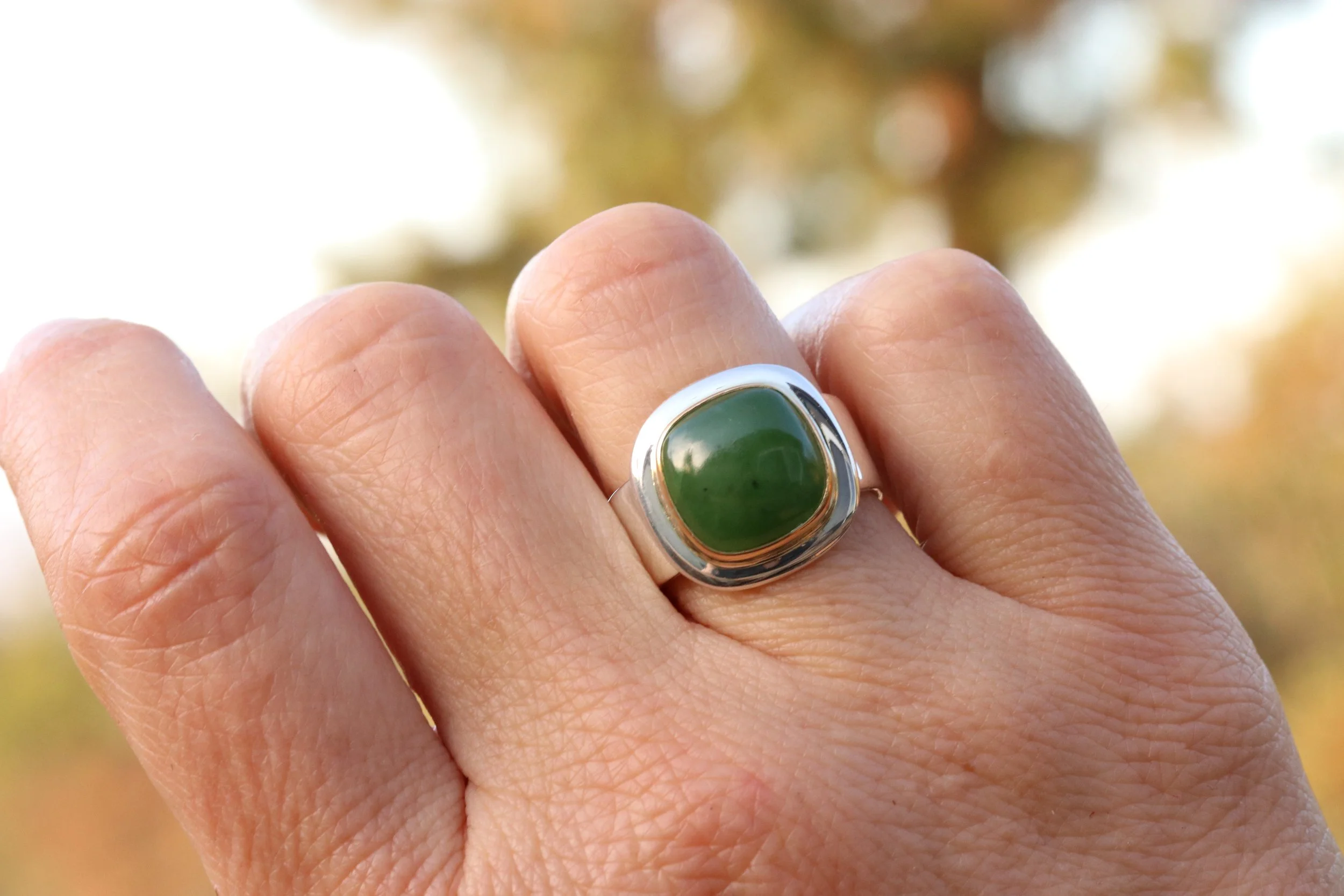 Jade Cushion Cabochon Ring in 22k Gold & Sterling Silver by Big Sur Goldsmiths