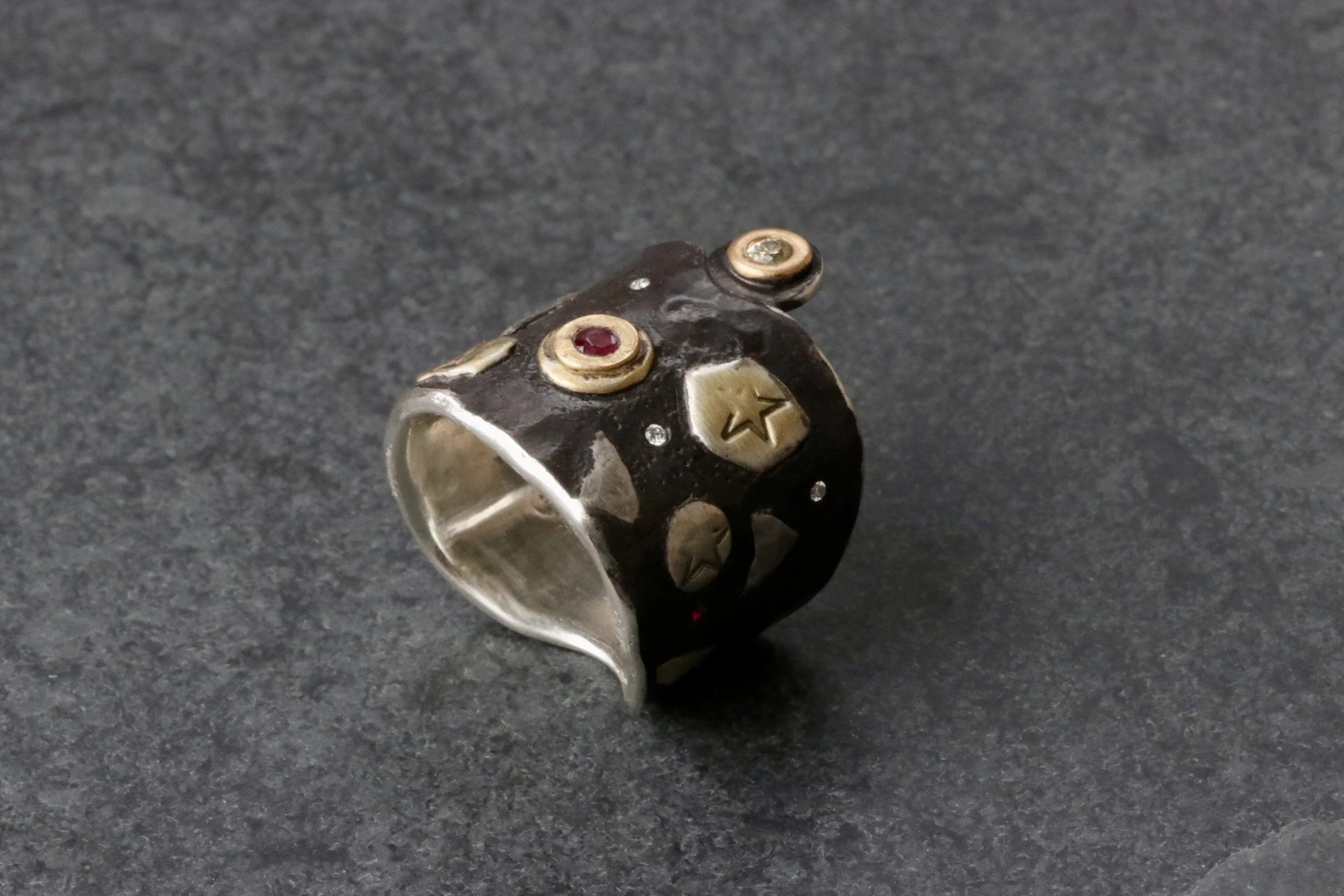 Celestial Relic Ring with Rubies, Antique Diamond & Padparadscha Sapphire in 22K Gold/ Platinum/ Oxidized Silver by Big Sur Goldsmiths