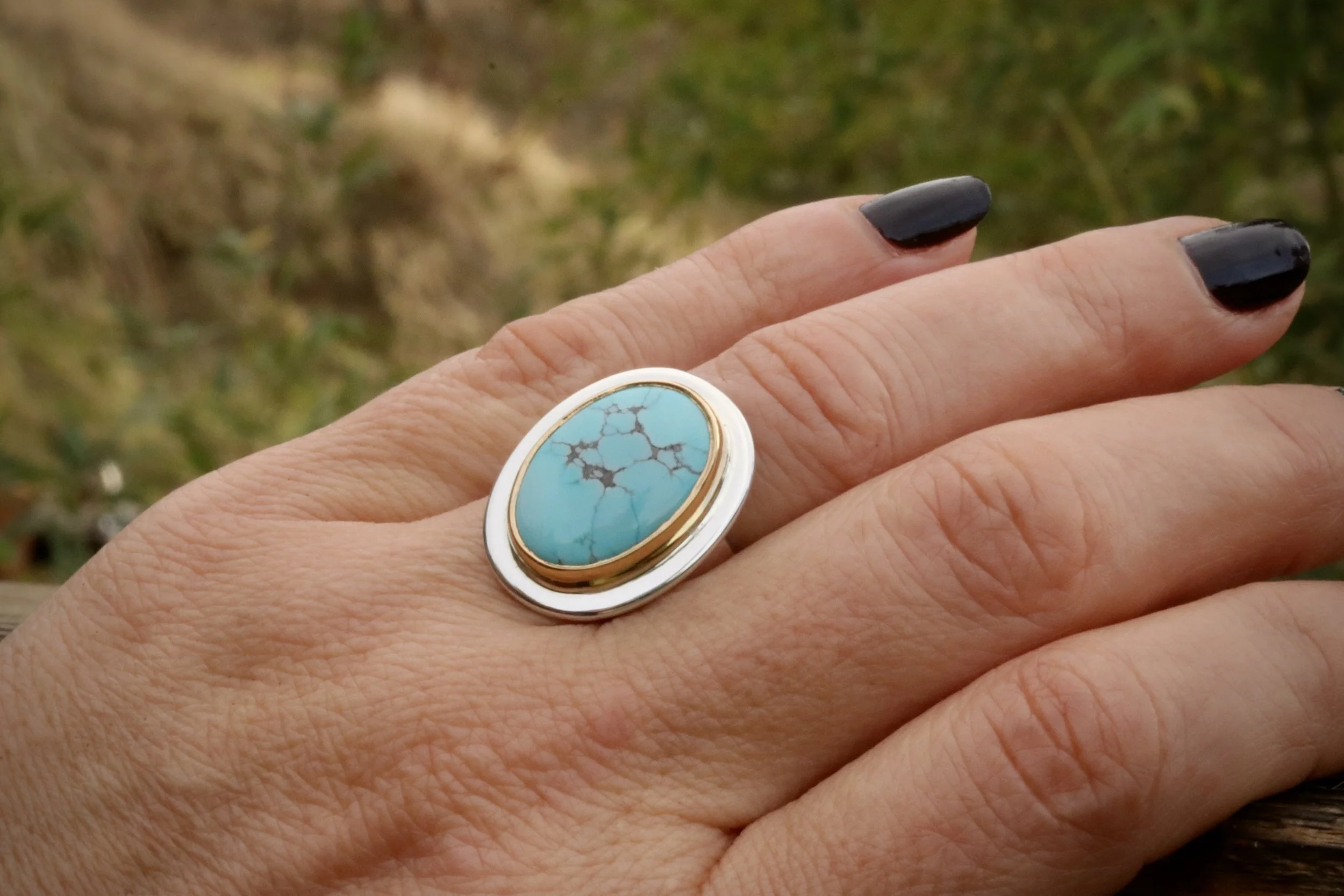 Number 8 Mine Turquoise Ring in 22K Gold & Sterling Silver by Big Sur Goldsmiths