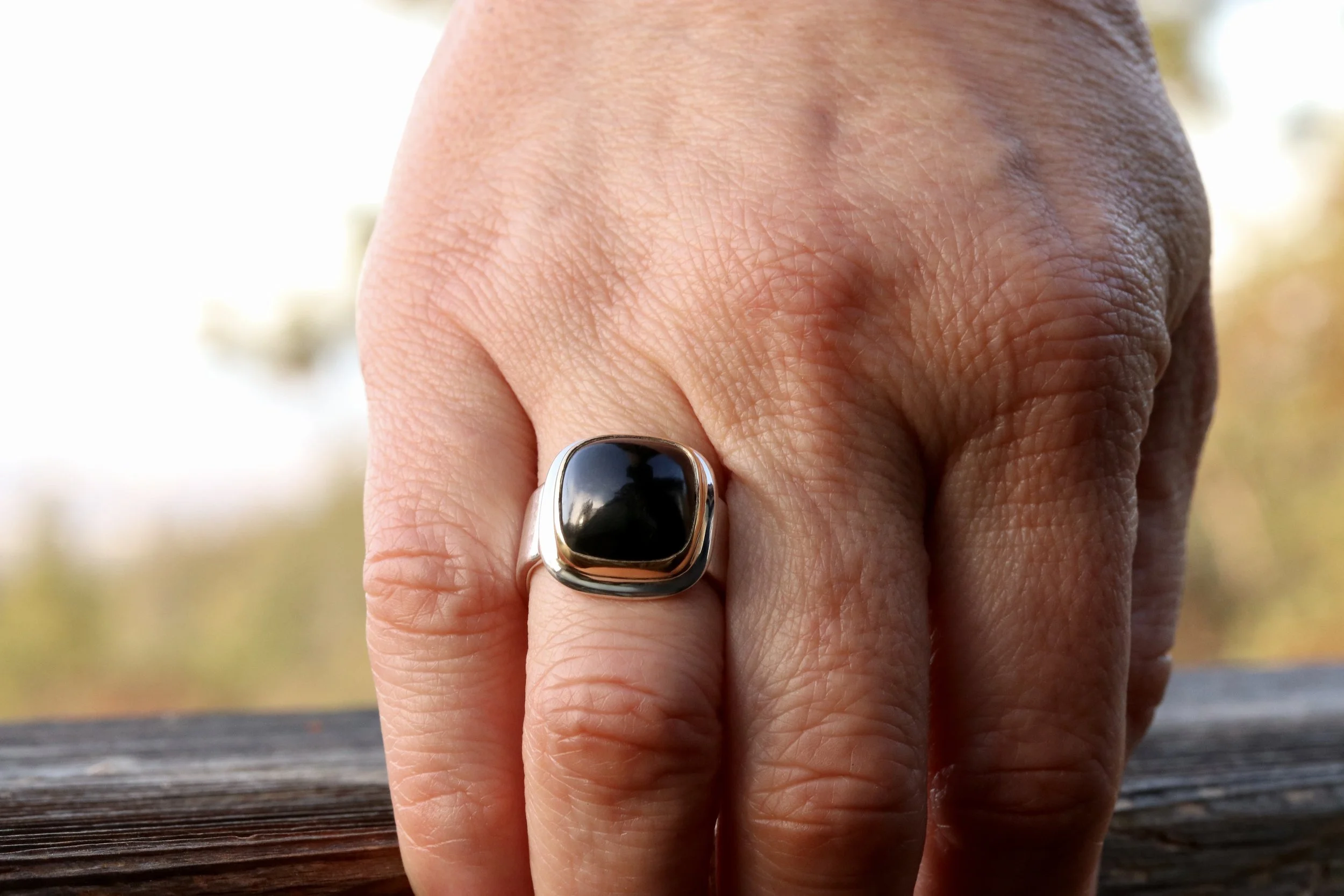 Black Tourmaline Cushion Ring in 22k Gold & Sterling Silver by Big Sur Goldsmiths