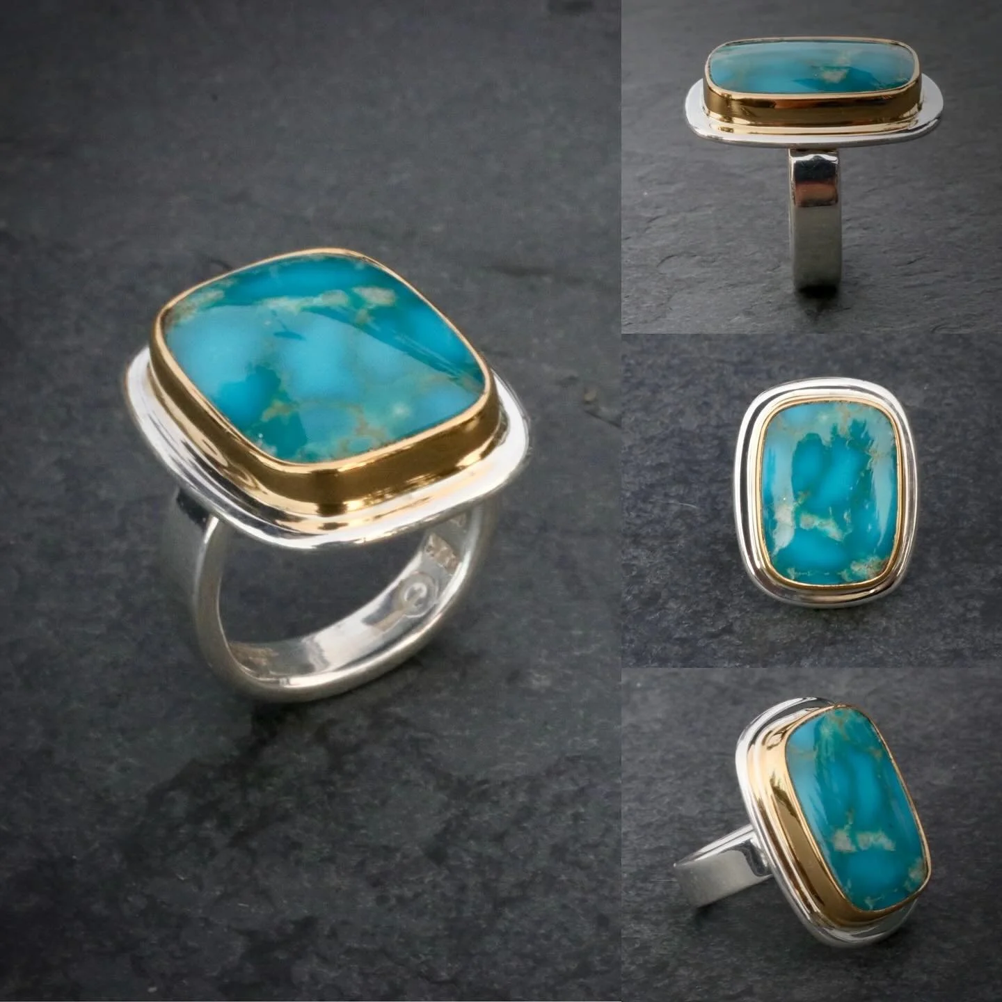 Turquoise + 22k gold + sterling silver + craftsmanship = refined contemporary jewelry. 
.
.
#modernheirloom 
#studiojewelry 
#turquoisecollector 
#timelessdesign 
#bigsurgoldsmiths 
#carriearmstrongdesign