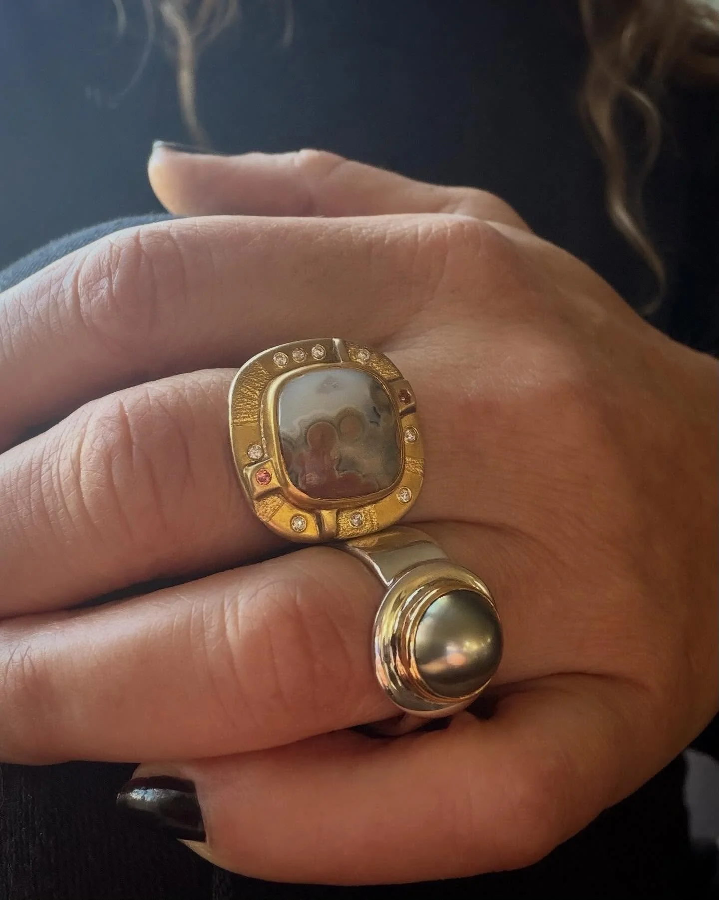 So much to love, 
Enough time for it all. 
.
OCEAN JASPER IN 18K GOLD/ PEARL IN 22K GOLD &amp; SILVER
.
.
#highendjewelry 
#handfabricated #studiojewelry 
#highkaratgold 
#carriearmstrongdesign 
#bigsurgoldsmiths