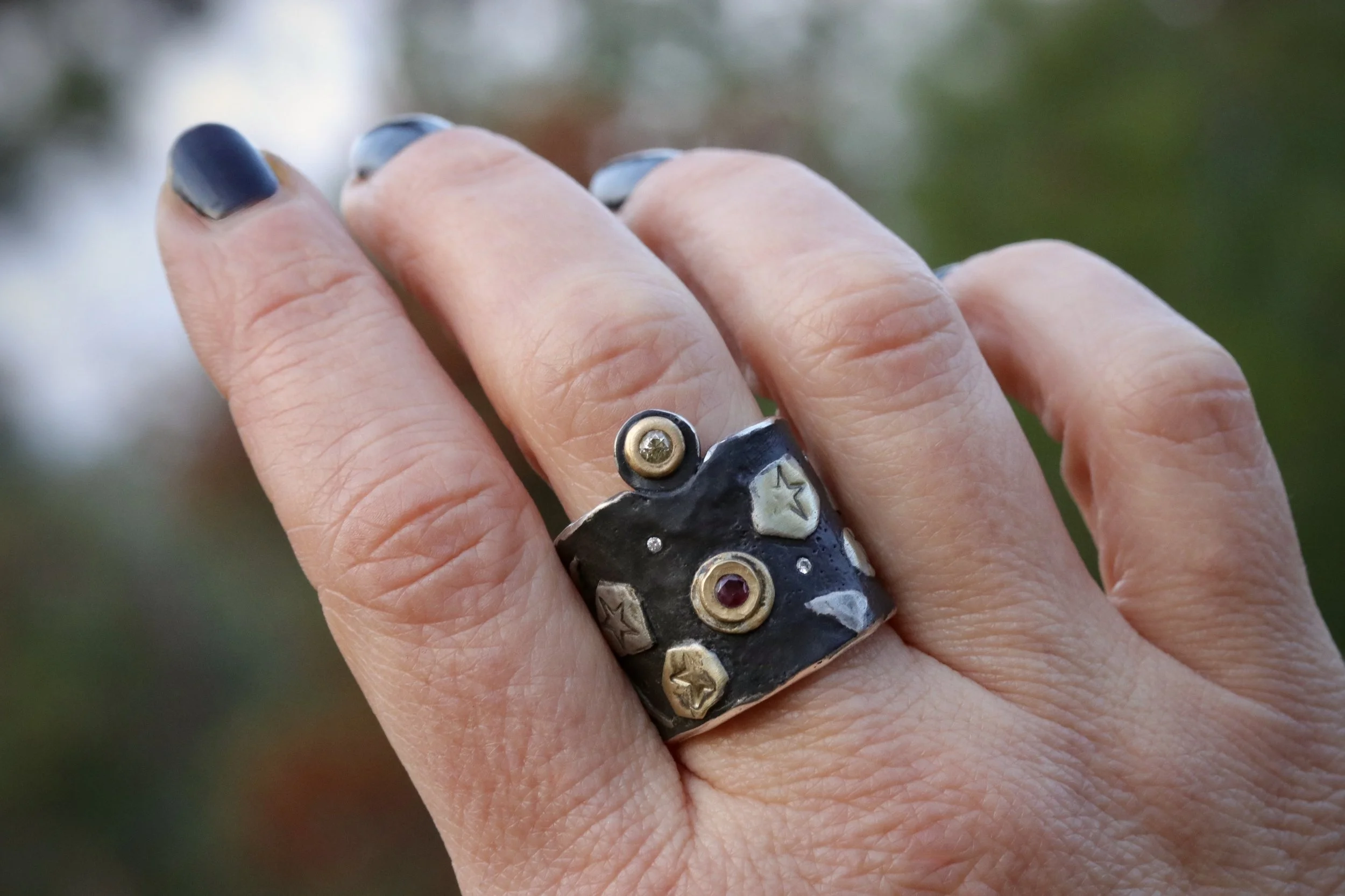 Celestial Relic Ring with Rubies, Antique Diamond & Padparadscha Sapphire in 22K Gold/ Platinum/ Oxidized Silver by Big Sur Goldsmiths