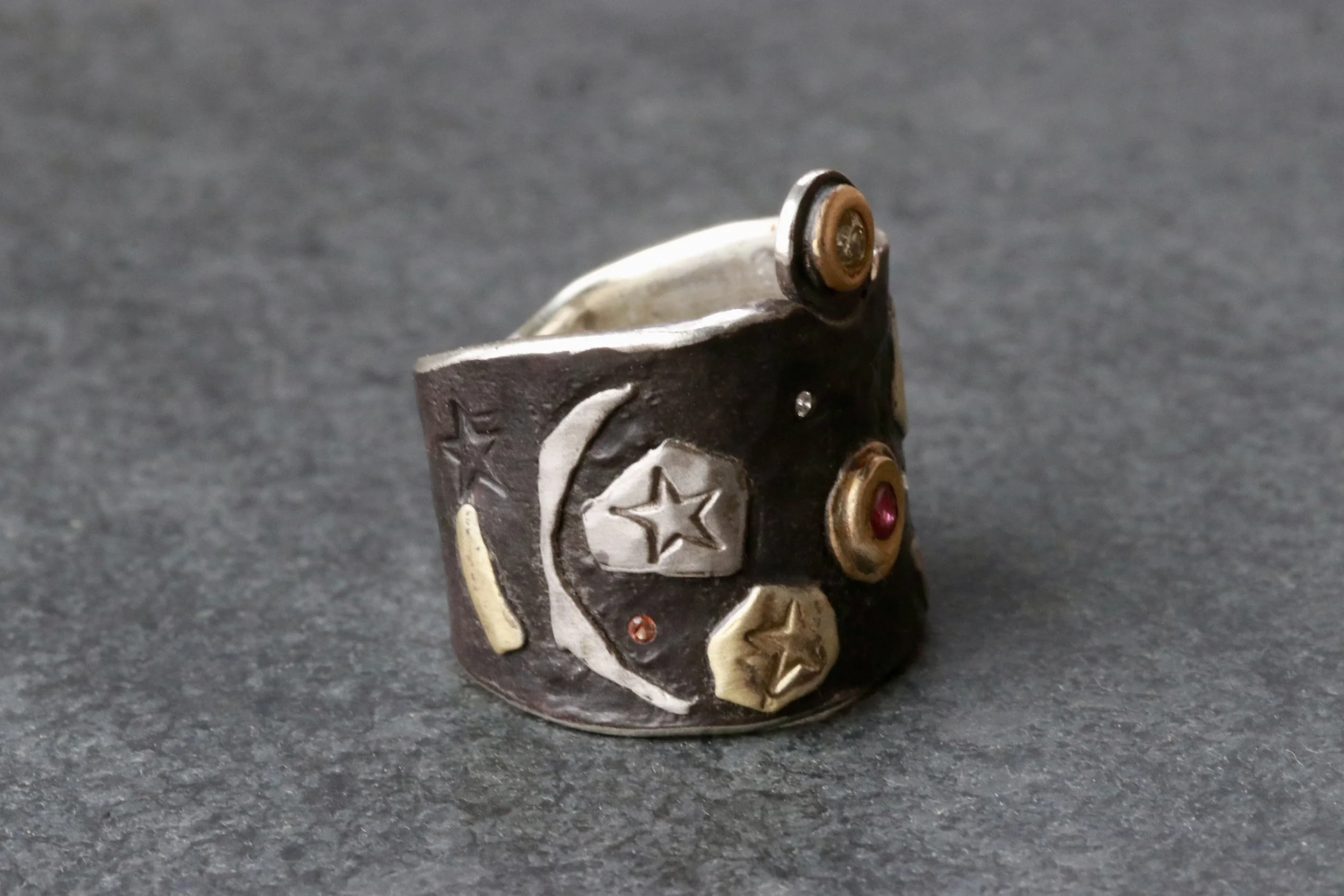 Celestial Relic Ring with Rubies, Antique Diamond & Padparadscha Sapphire in 22K Gold/ Platinum/ Oxidized Silver by Big Sur Goldsmiths