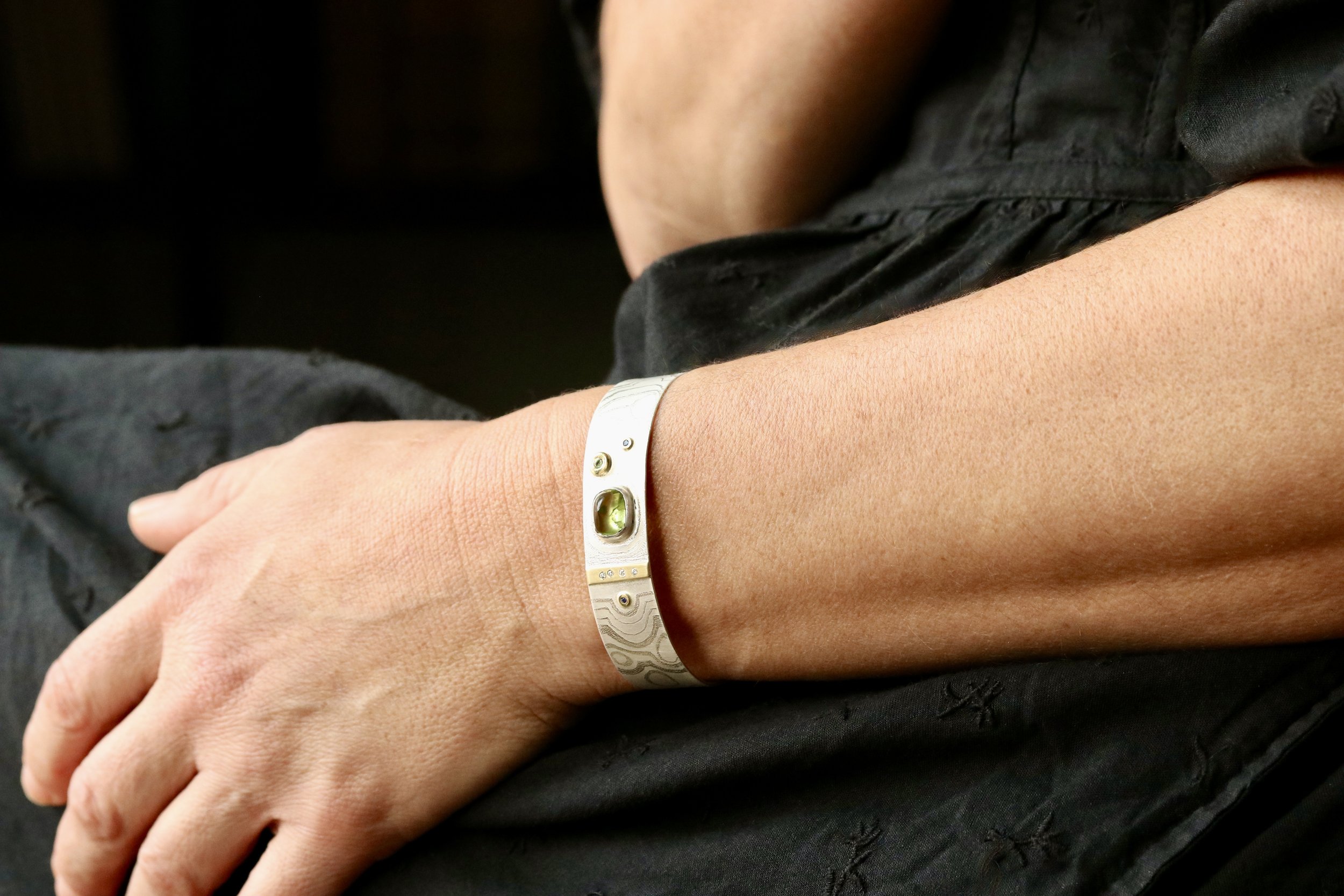 Peridot, Sapphire & Diamond Cuff Bracelet in 18K Gold & Sterling Silver by Big Sur Goldsmiths