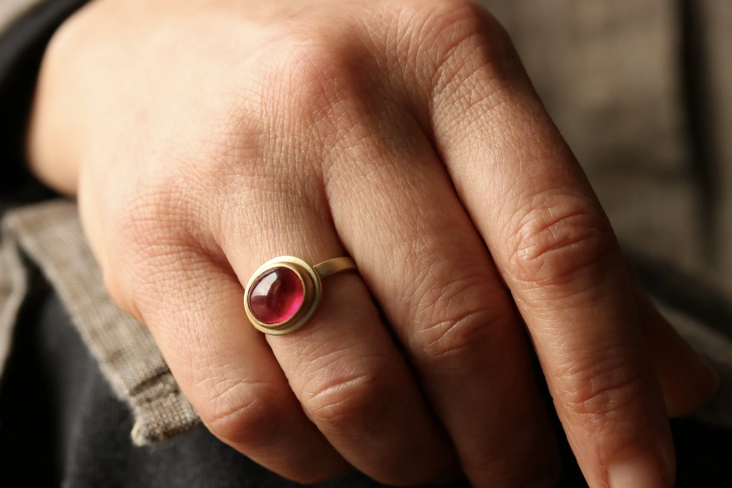 Rubellite Cabochon Ring in 22k & 18k Gold by Big Sur Goldsmiths