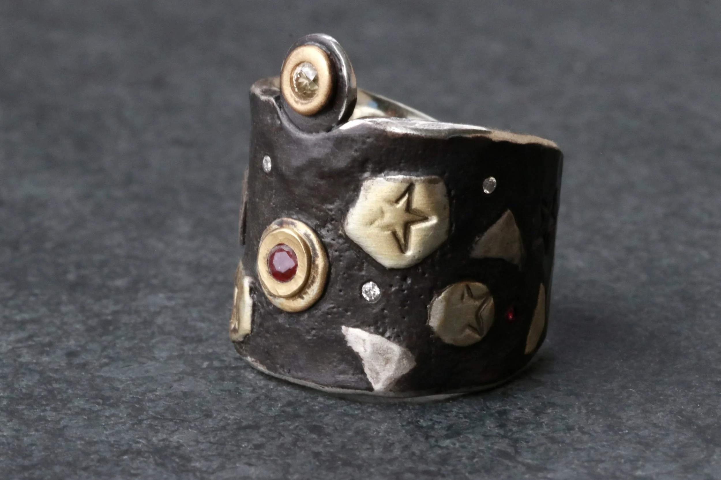 Celestial Relic Ring with Rubies, Antique Diamond & Padparadscha Sapphire in 22K Gold/ Platinum/ Oxidized Silver by Big Sur Goldsmiths