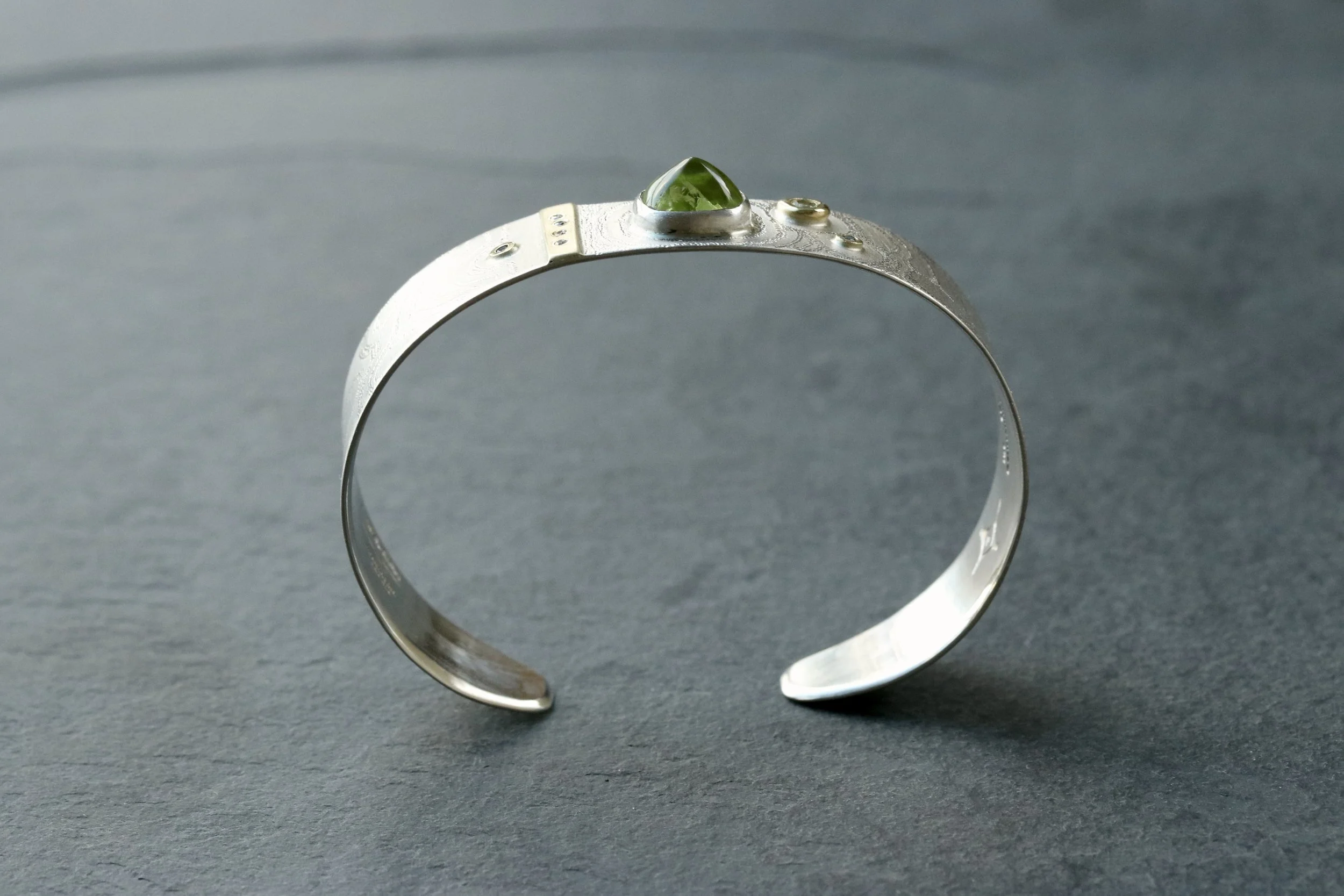 Peridot, Sapphire & Diamond Cuff Bracelet in 18K Gold & Sterling Silver by Big Sur Goldsmiths