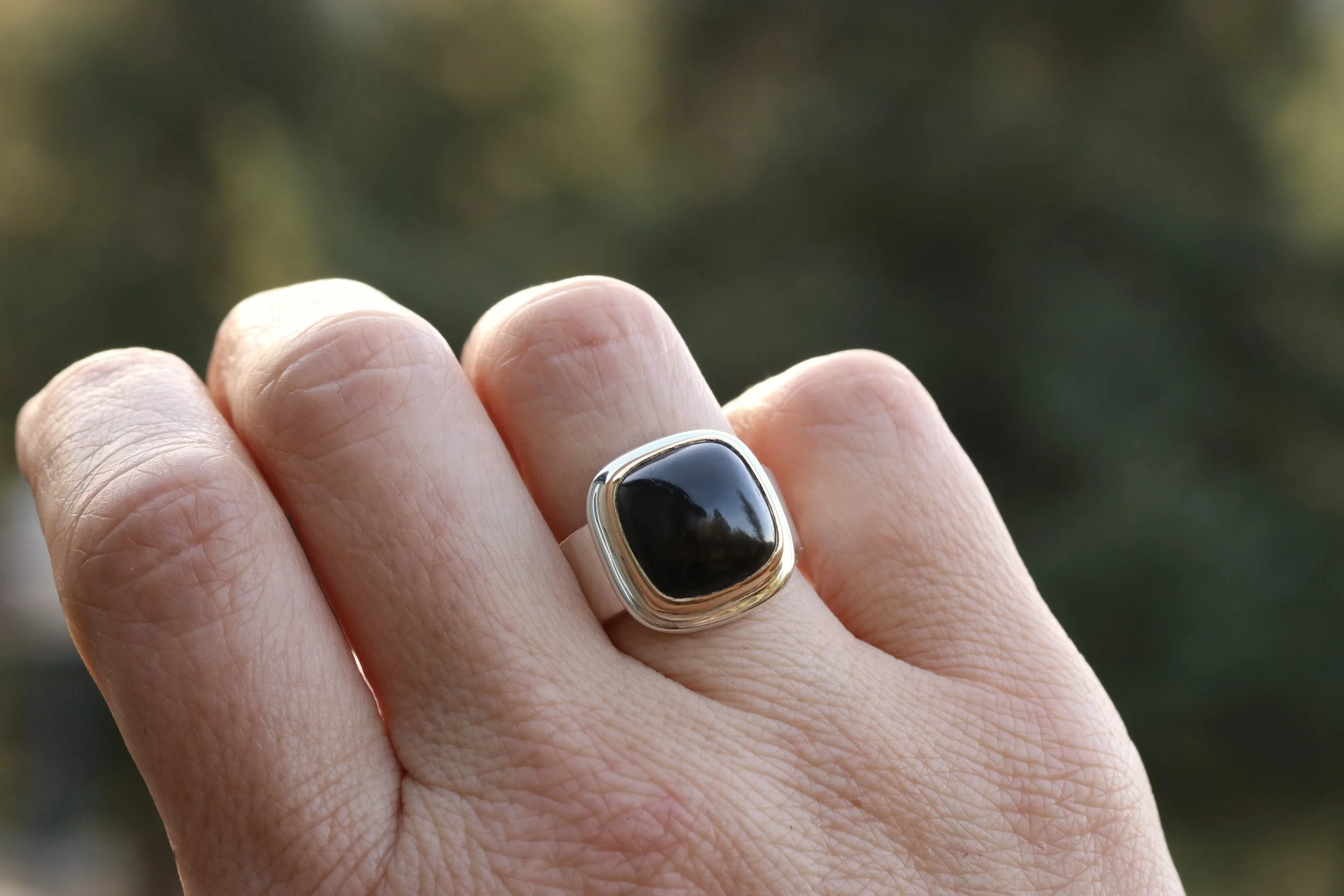 Black Tourmaline Cushion Ring in 22k Gold & Sterling Silver by Big Sur Goldsmiths