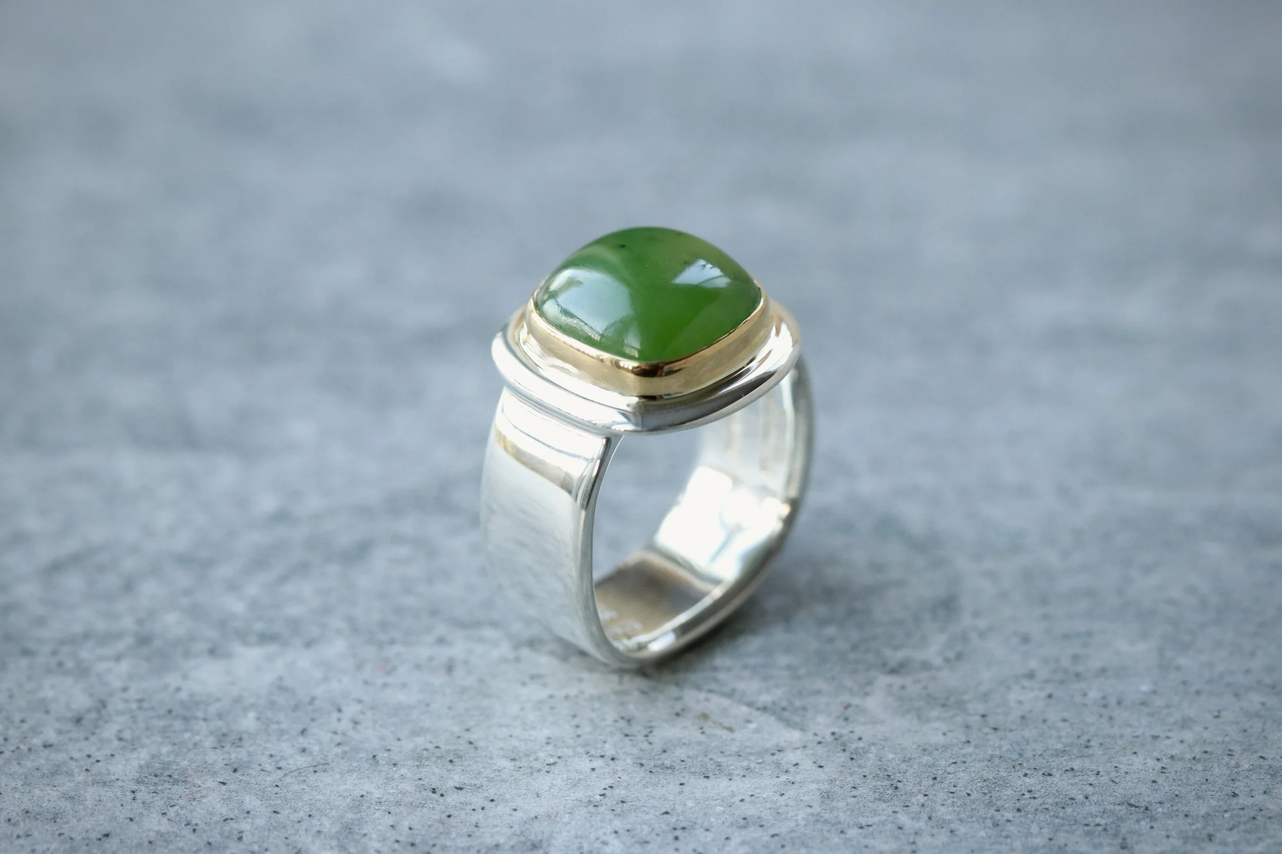 Jade Cushion Cabochon Ring in 22k Gold & Sterling Silver by Big Sur Goldsmiths
