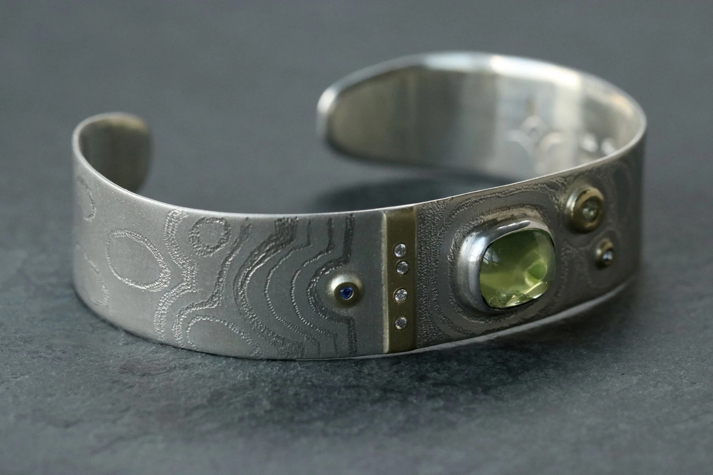 Peridot, Sapphire & Diamond Cuff Bracelet in 18K Gold & Sterling Silver by Big Sur Goldsmiths