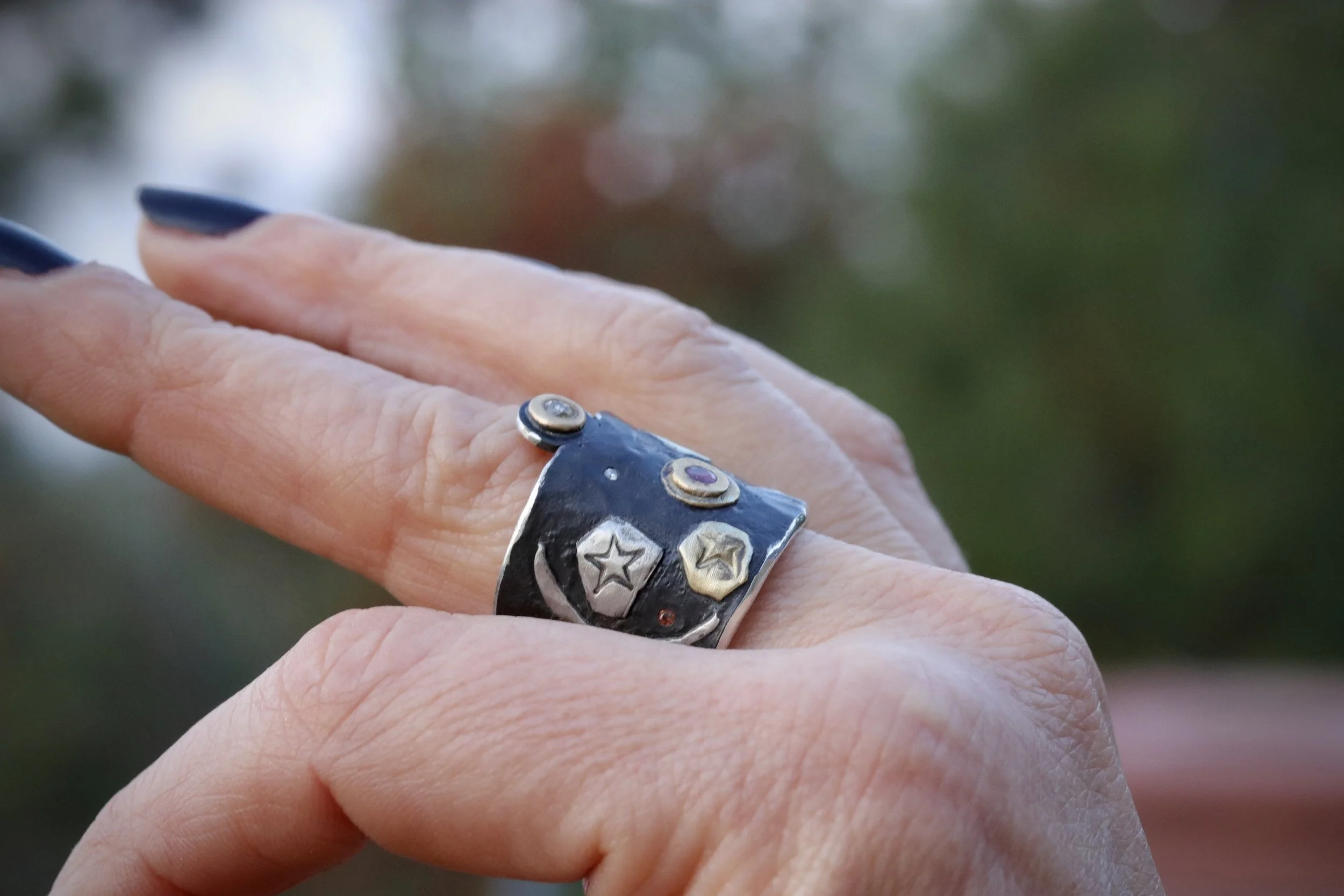 Celestial Relic Ring with Rubies, Antique Diamond & Padparadscha Sapphire in 22K Gold/ Platinum/ Oxidized Silver by Big Sur Goldsmiths