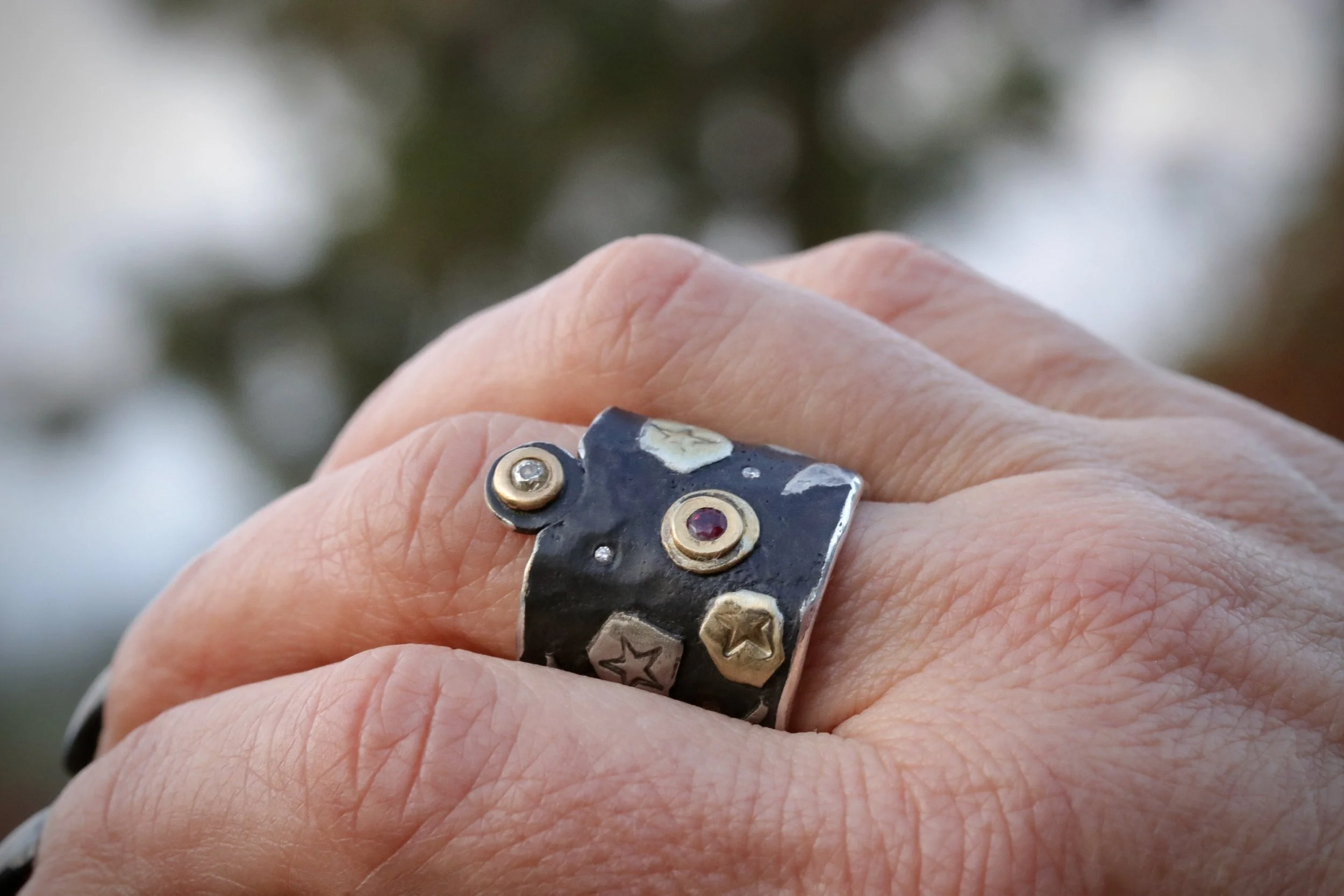 Celestial Relic Ring with Rubies, Antique Diamond & Padparadscha Sapphire in 22K Gold/ Platinum/ Oxidized Silver by Big Sur Goldsmiths