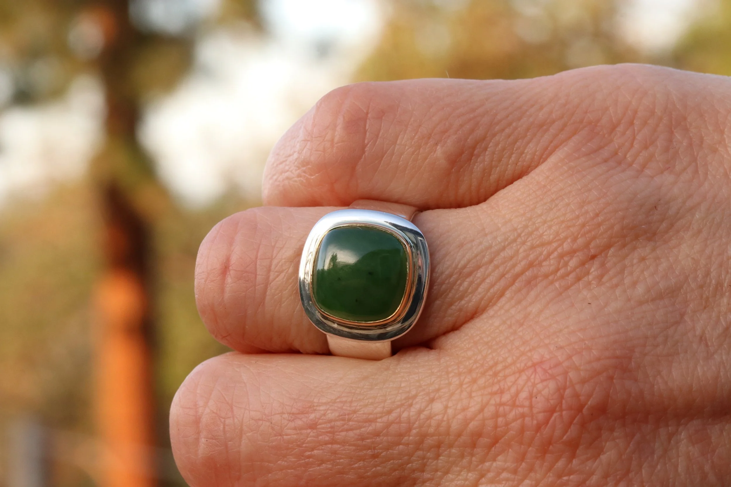 Jade Cushion Cabochon Ring in 22k Gold & Sterling Silver by Big Sur Goldsmiths