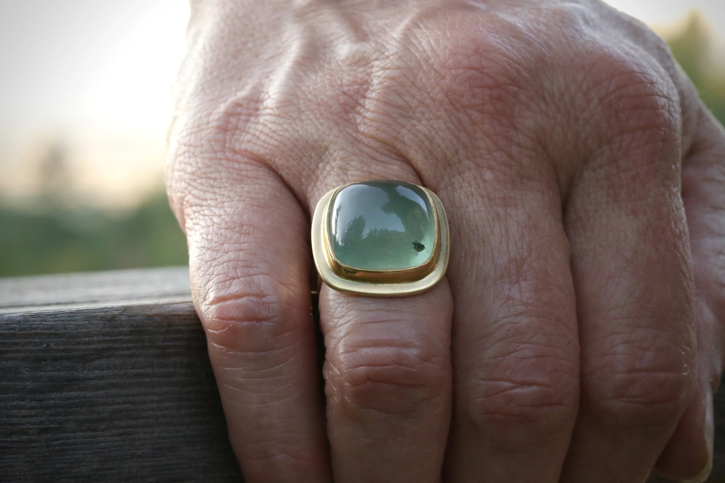 Chatoyant Green Beryl Ring in 22k & 18k Gold by Carrie Armstrong Design