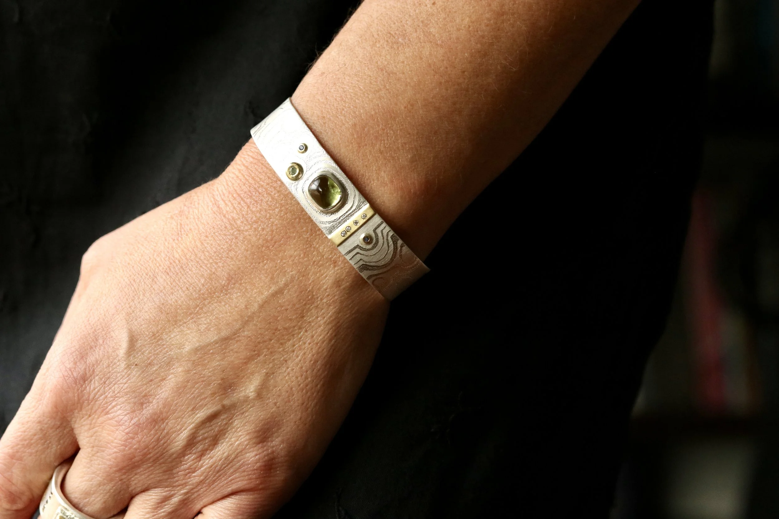 Peridot, Sapphire & Diamond Cuff Bracelet in 18K Gold & Sterling Silver by Big Sur Goldsmiths