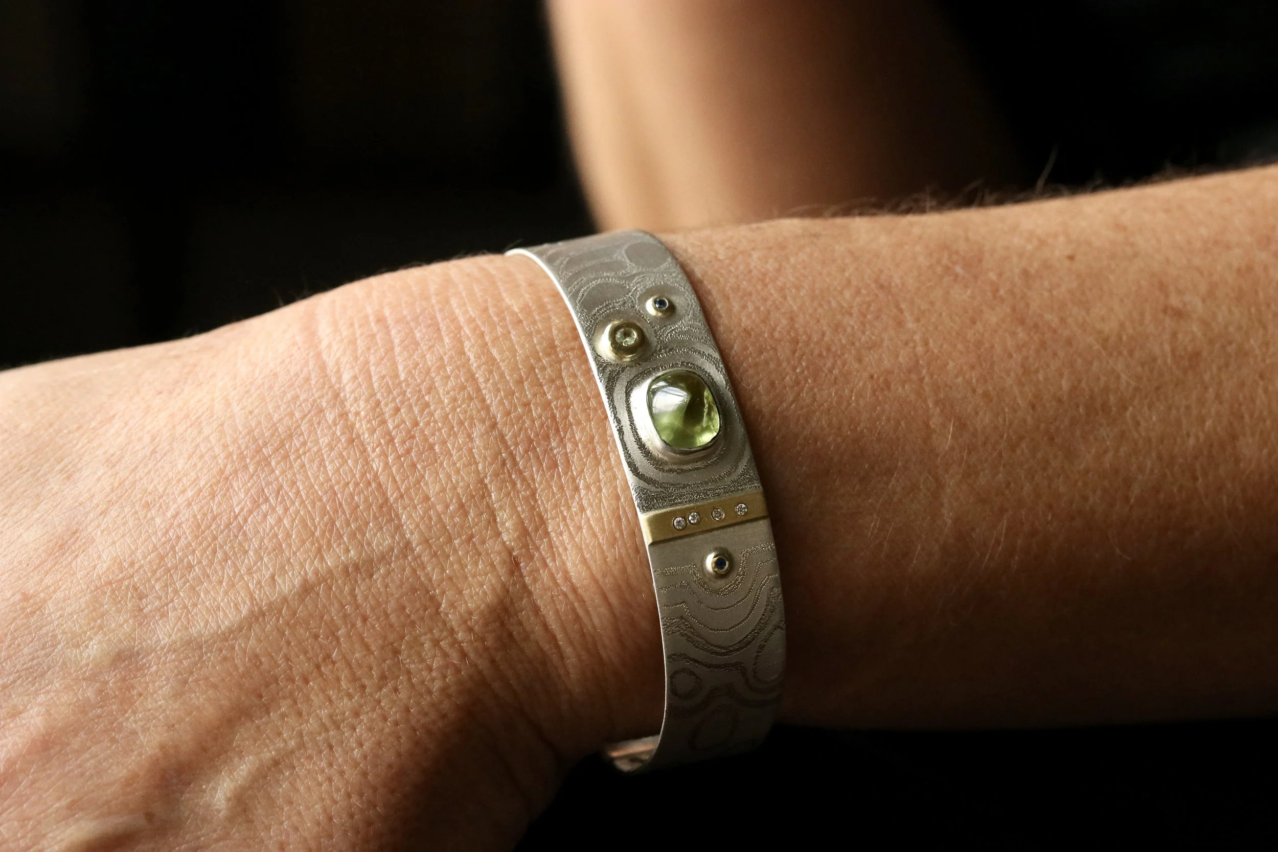Peridot, Sapphire & Diamond Cuff Bracelet in 18K Gold & Sterling Silver by Big Sur Goldsmiths