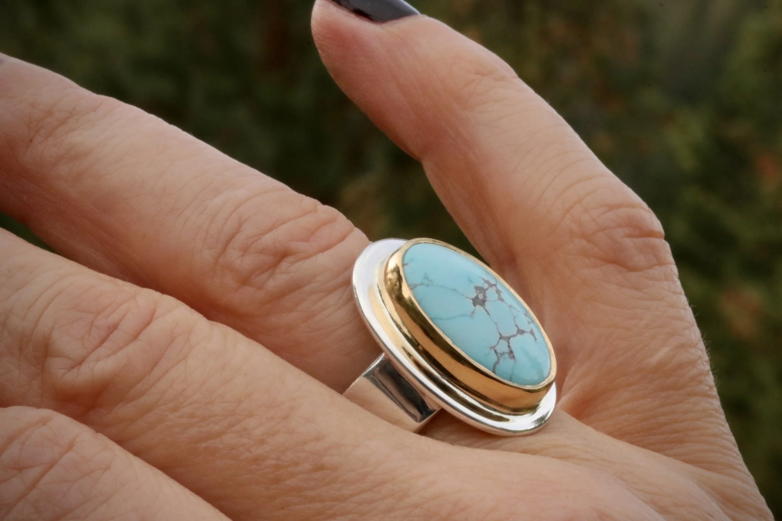 Number 8 Mine Turquoise Ring in 22K Gold & Sterling Silver by Big Sur Goldsmiths