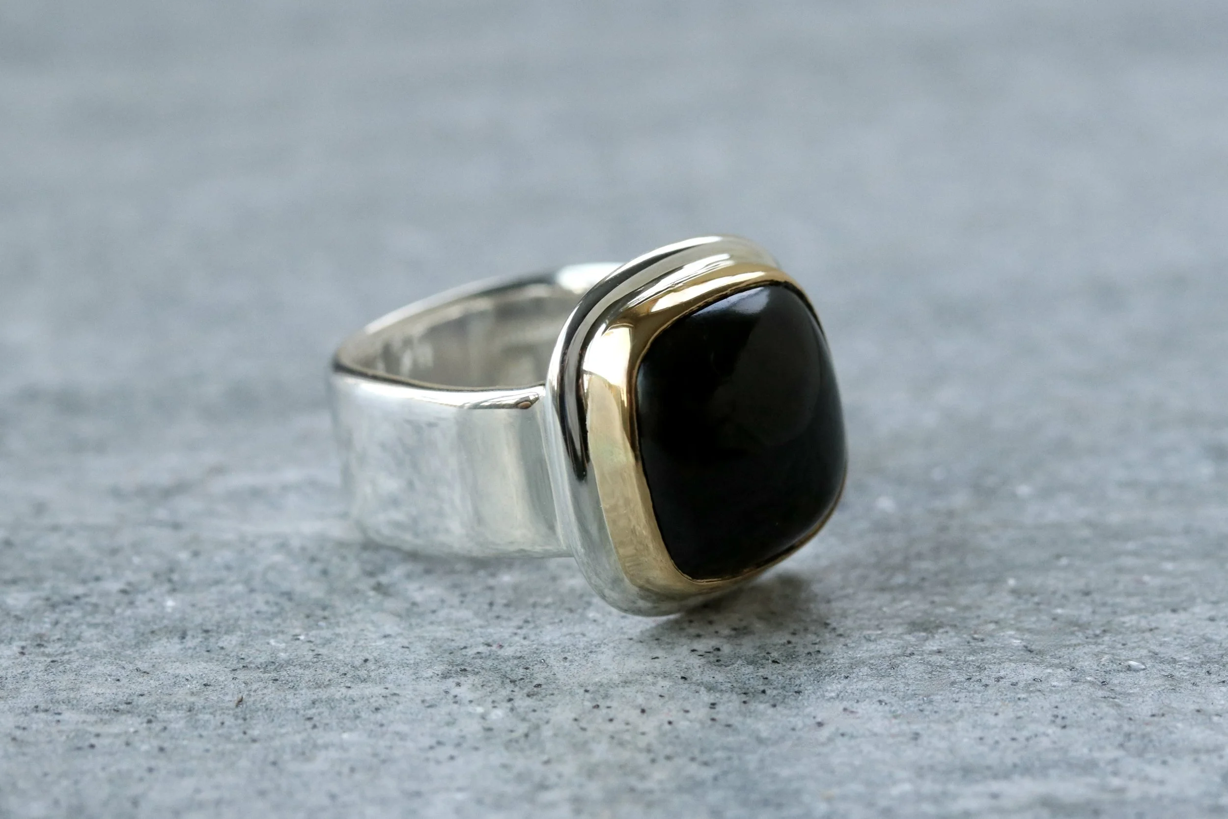 Black Tourmaline Cushion Ring in 22k Gold & Sterling Silver by Big Sur Goldsmiths