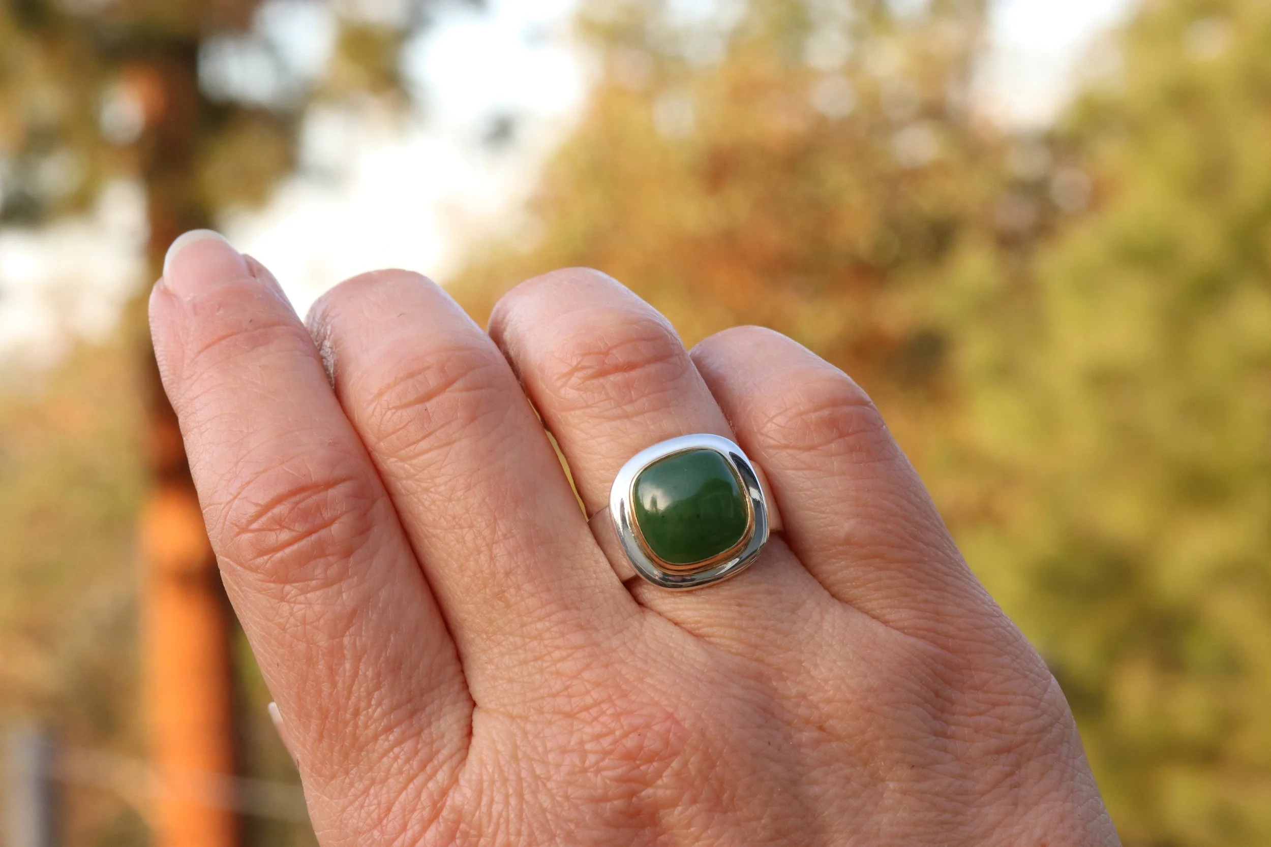 Jade Cushion Cabochon Ring in 22k Gold & Sterling Silver by Big Sur Goldsmiths