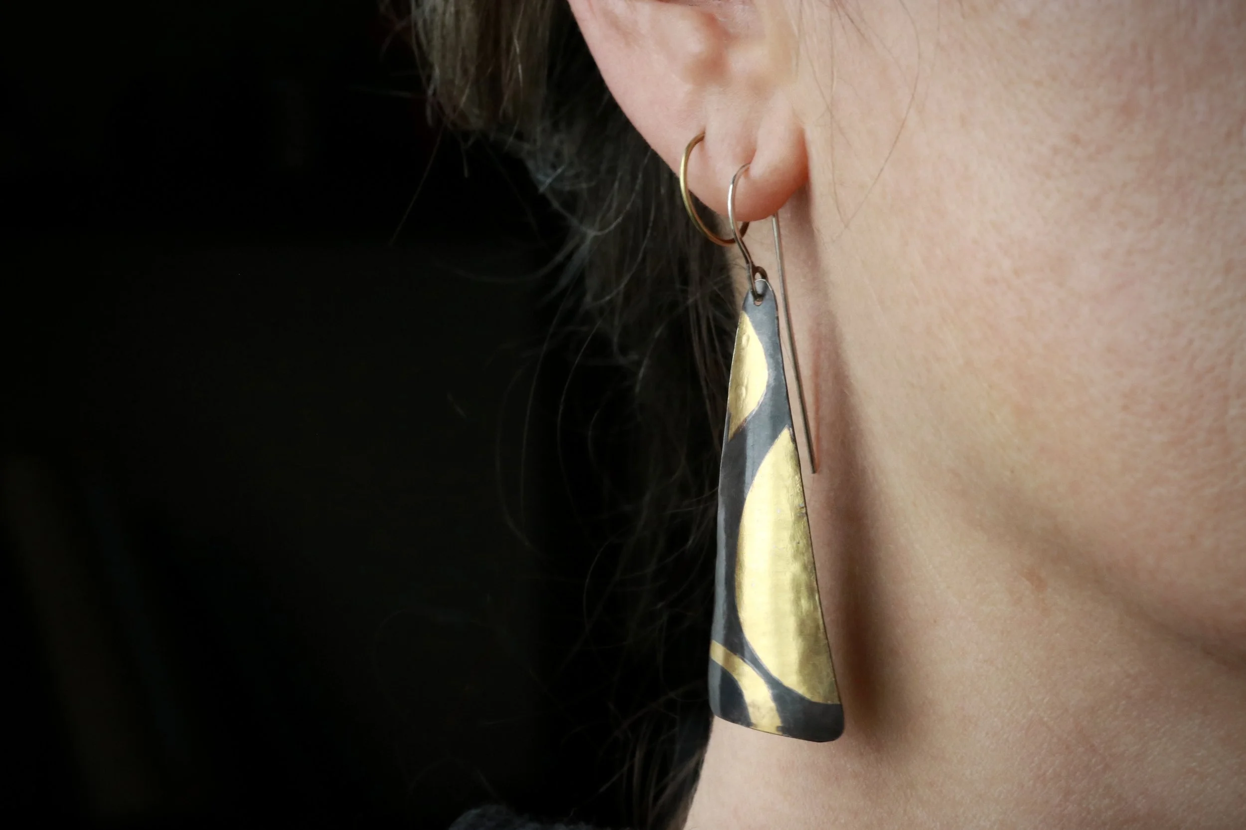 Keum-boo Earrings in Oxidized Fine Silver & 23.5K Gold by Carrie Armstrong at Big Sur Goldsmiths