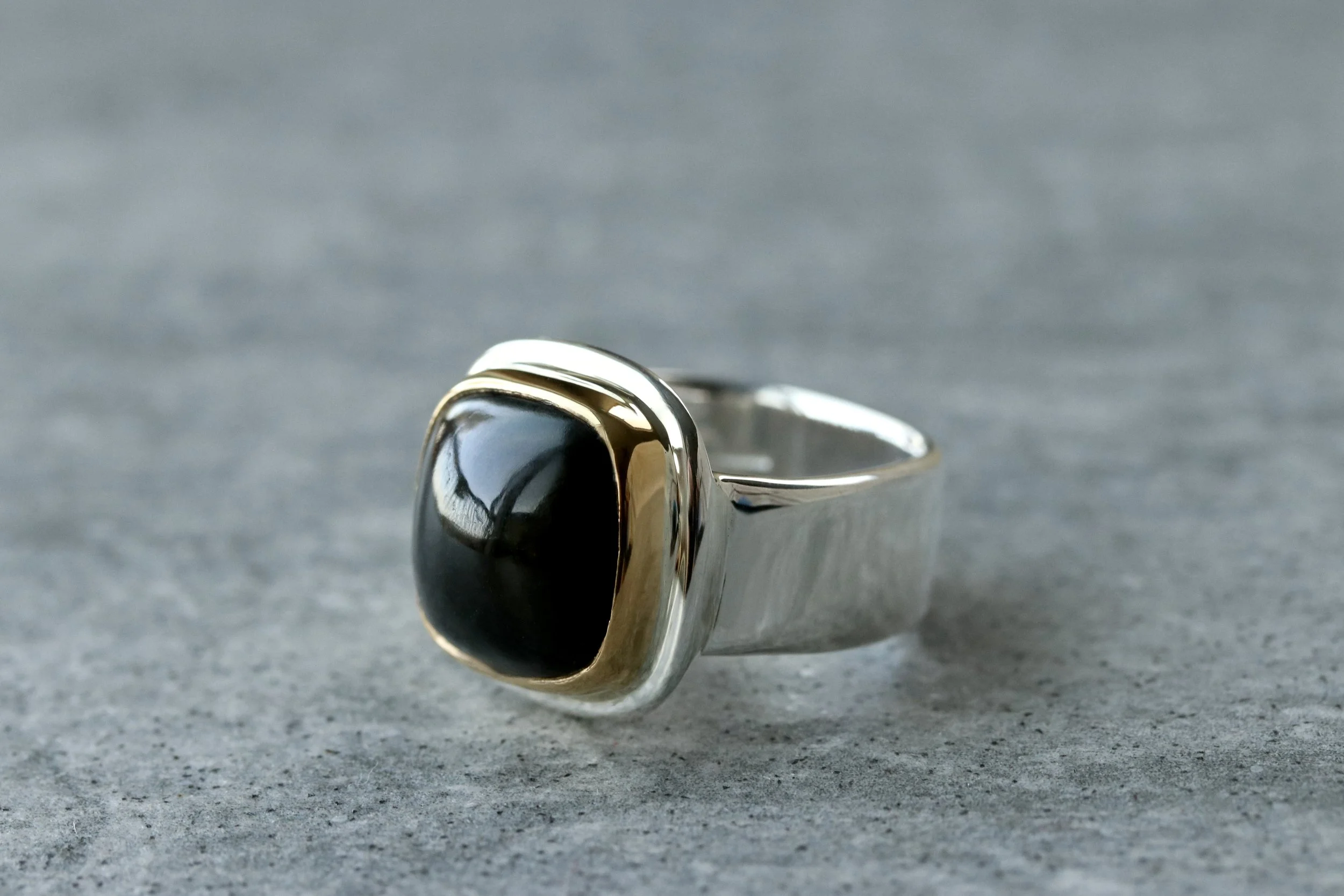 Black Tourmaline Cushion Ring in 22k Gold & Sterling Silver by Big Sur Goldsmiths