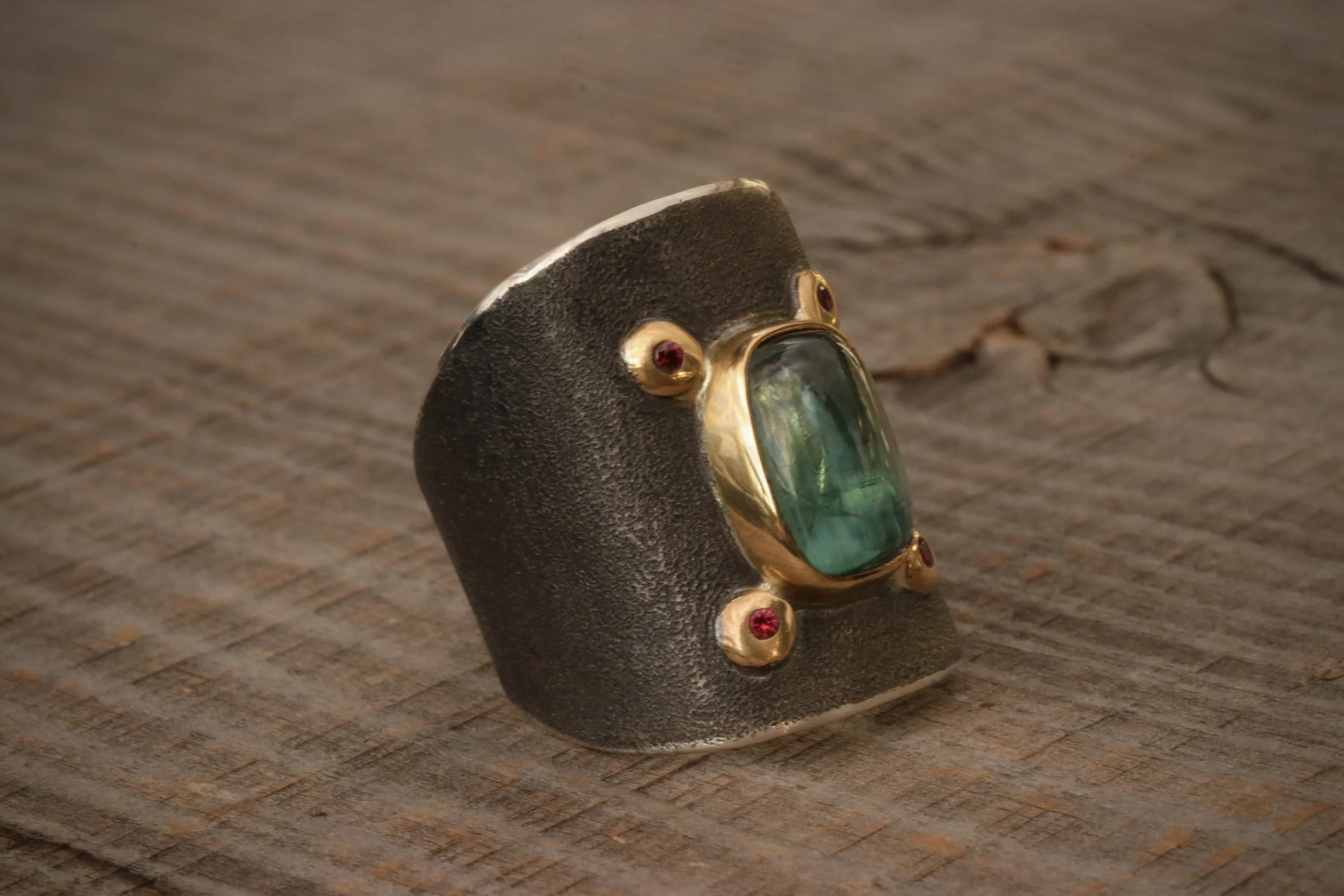 Bi-Color Tourmaline and Spinels Saddle Ring in 22k Gold & Sterling Silver